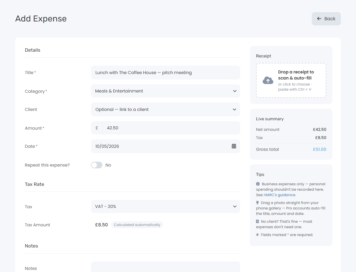 Keepr Add Expense form with receipt scan card on the right and pre-filled fields for amount, date, category, and notes on the left