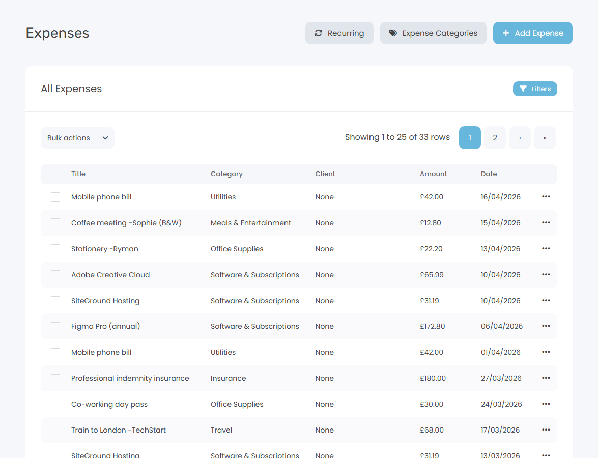 Keepr expense list showing categorised business expenses with amounts, dates, and categories like Software, Travel, and Office Supplies