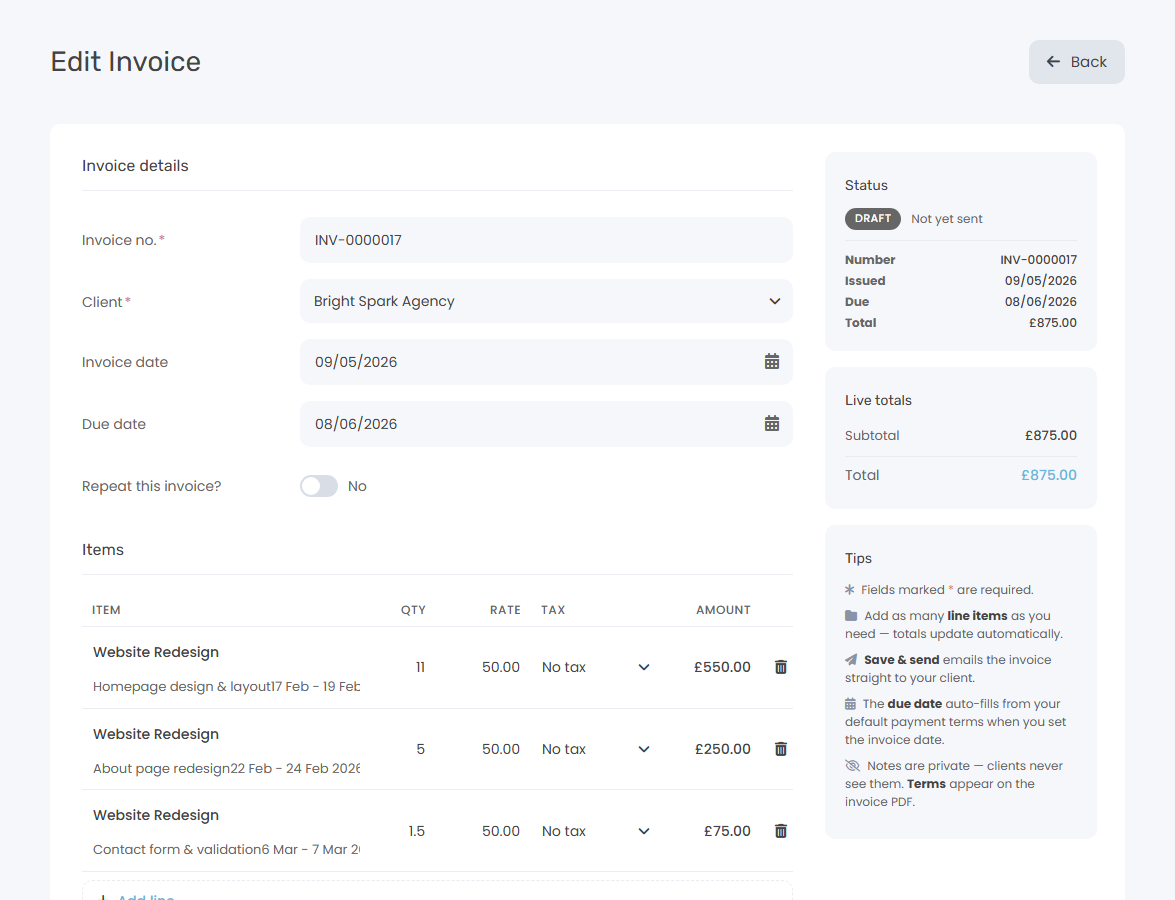 Keepr invoice editor with line items, quantities and rates filled in, the same data that flows through to your MTD quarterly updates