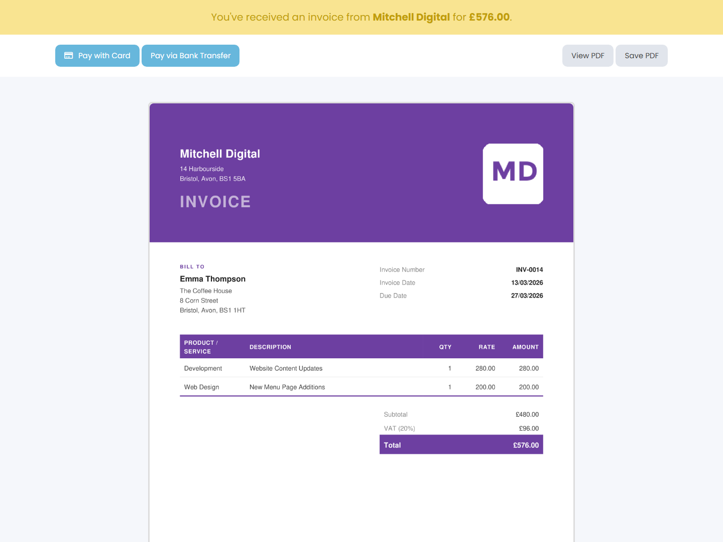 Client-facing invoice with Pay with Card button, professional layout showing Mitchell Digital invoice