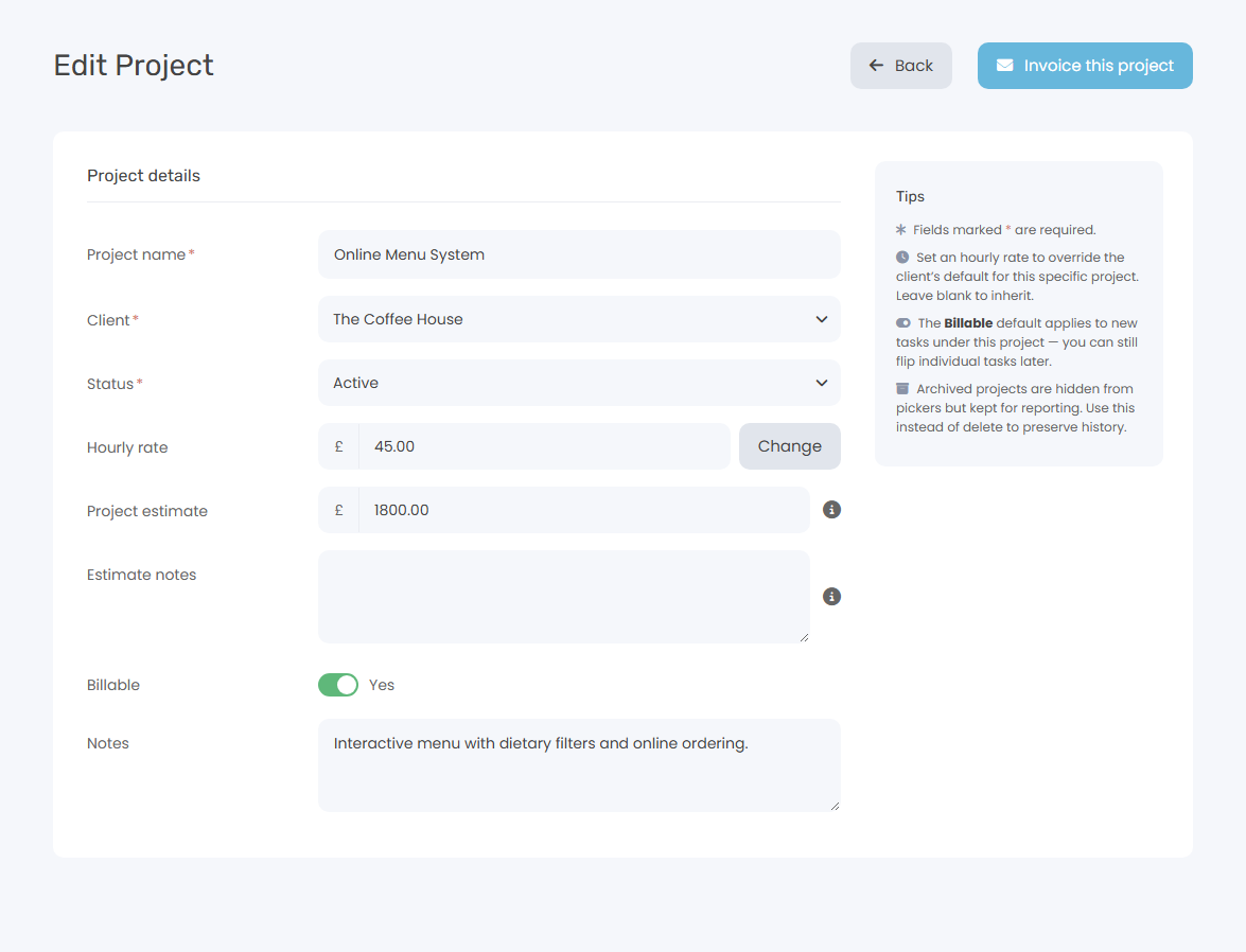 Keepr Edit Project form with the Estimate field set to a fixed-fee agreed value, an Invoice This Project shortcut, hourly rate, and project details