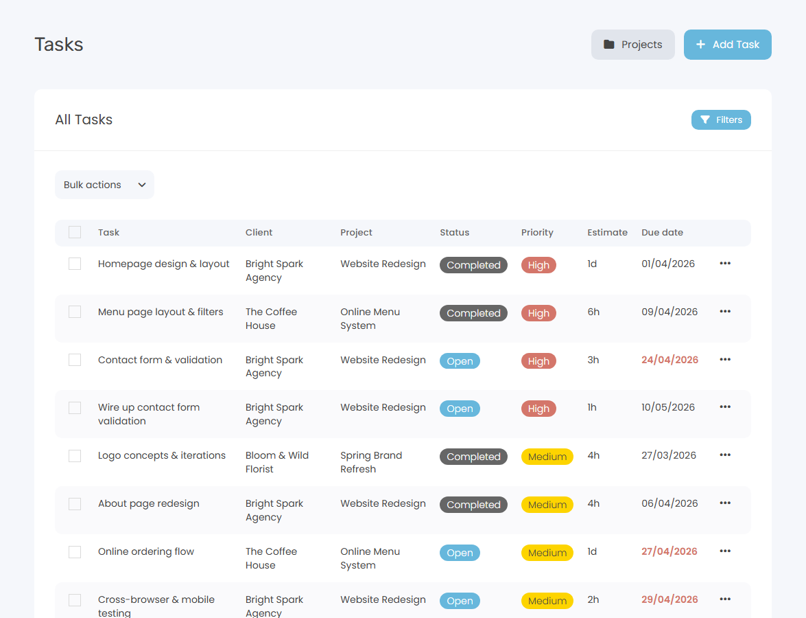 Keepr task list showing tasks assigned to clients and projects with due dates, status filters, and search