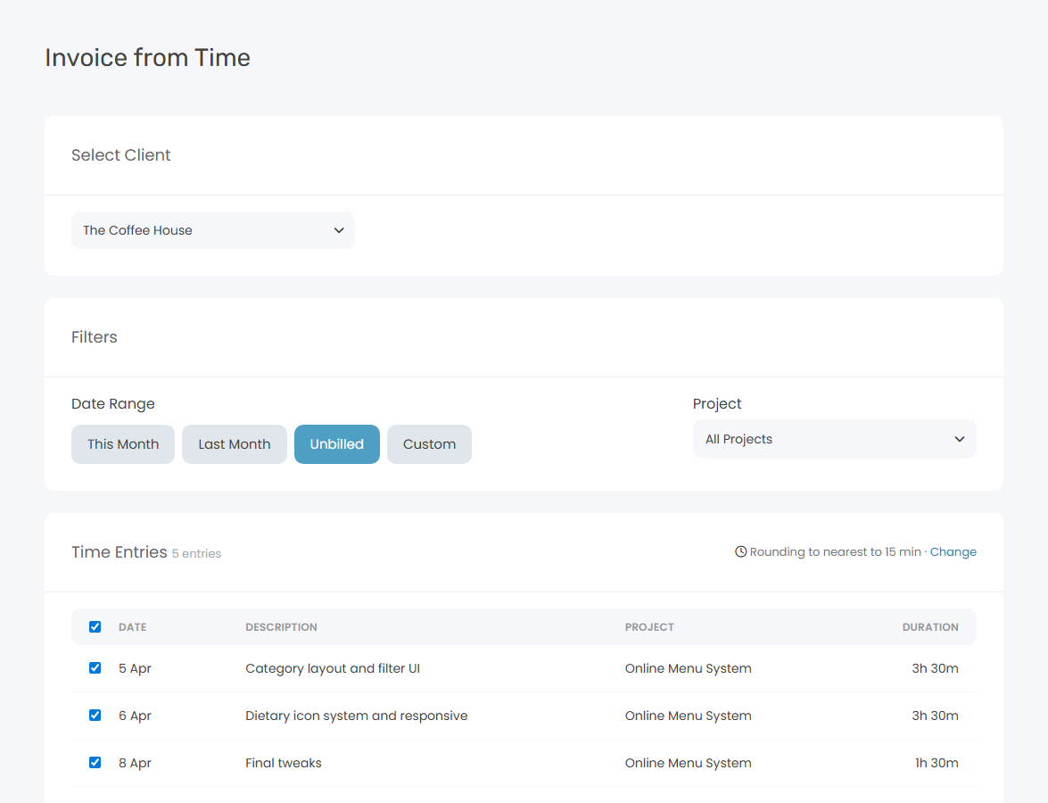 Keepr Invoice from Time wizard showing the time entries list for a client, with billable hours and rates, ready to convert into an invoice