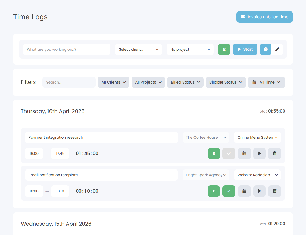 Keepr time logs page showing the built-in timer at the top and grouped time entries by date with billable, completion, and start-again controls