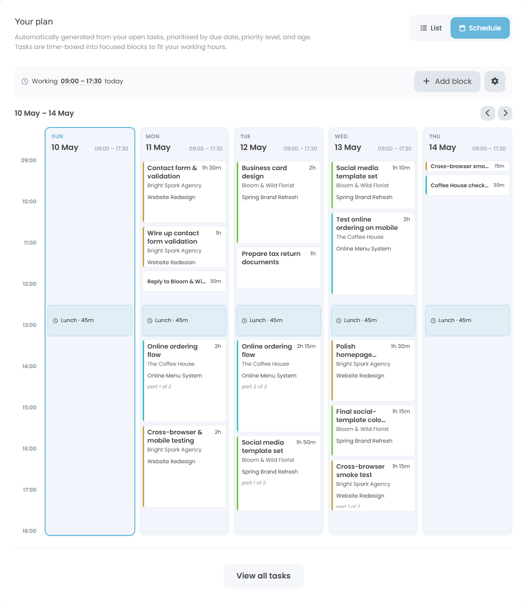 Keepr daily schedule view showing tasks time-boxed across a five-day week with lunch blocks and a one-off client meeting