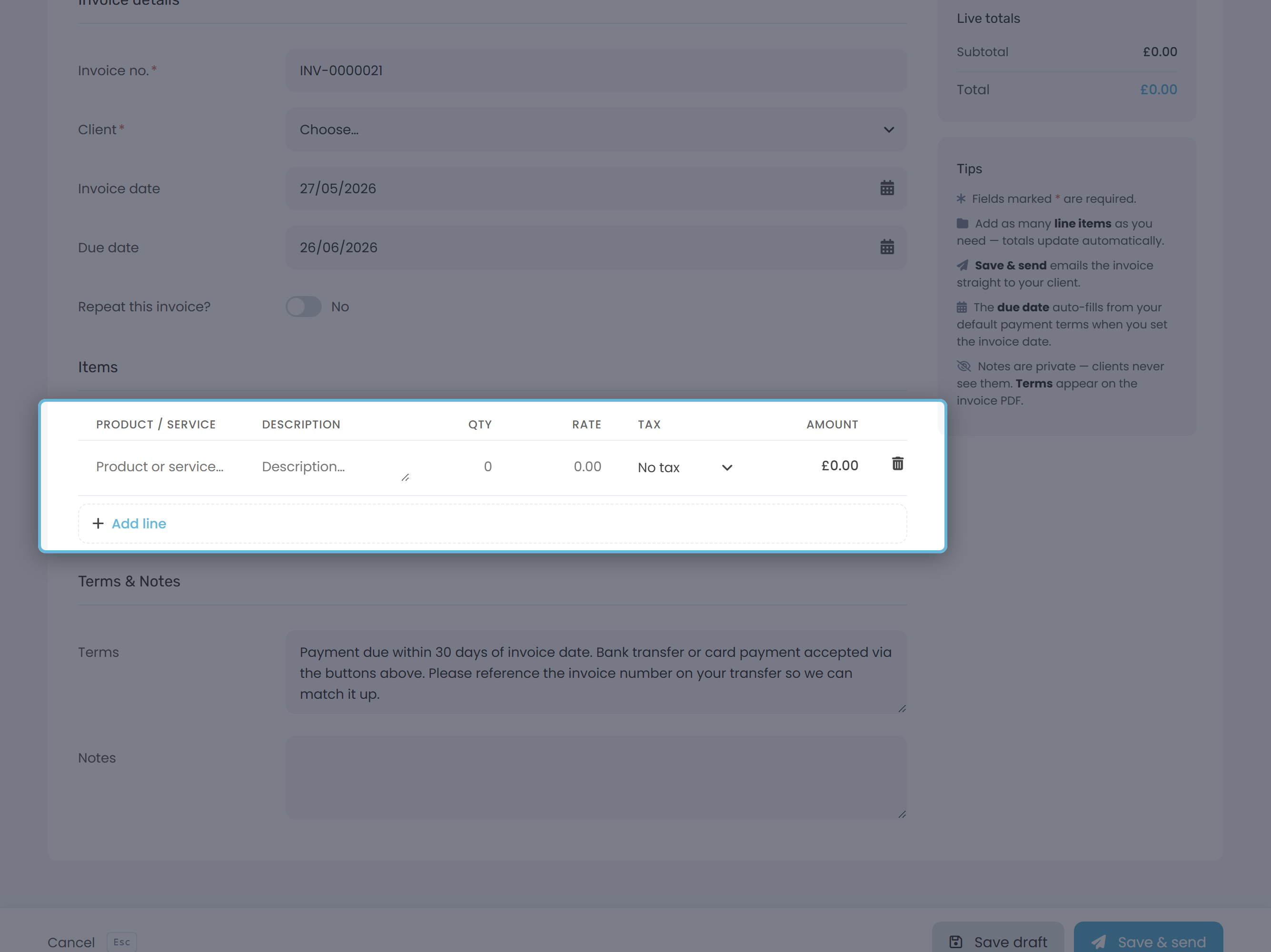 The empty items table on the Add Invoice form