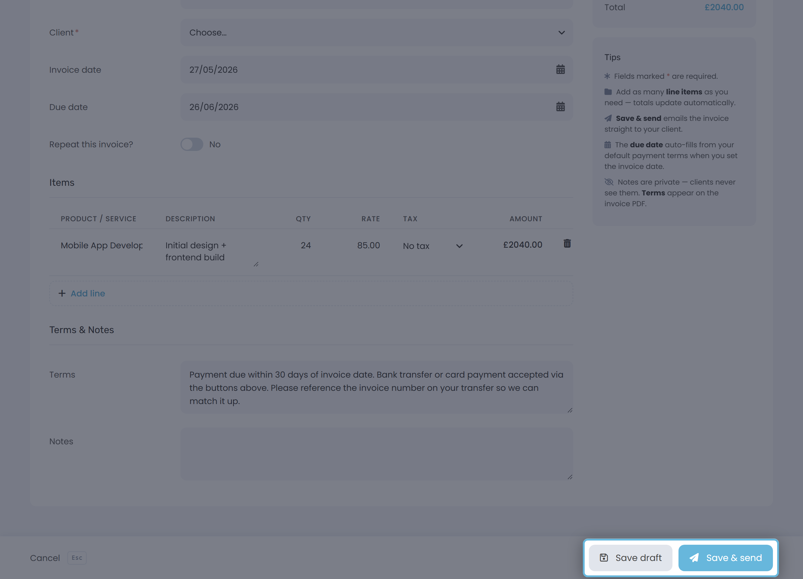 Sticky save bar at the bottom of the form