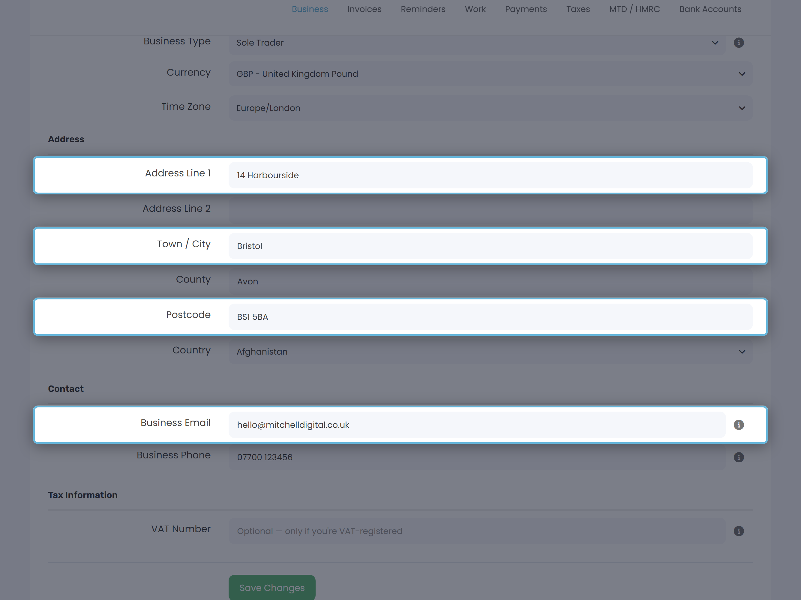 Business tab with the four send-blocking fields highlighted