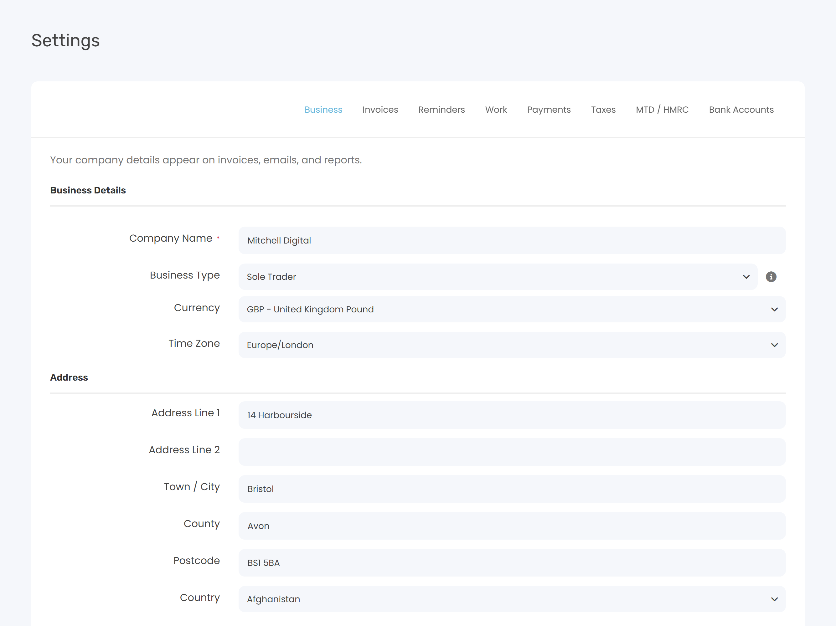 The Business tab with the four sections visible