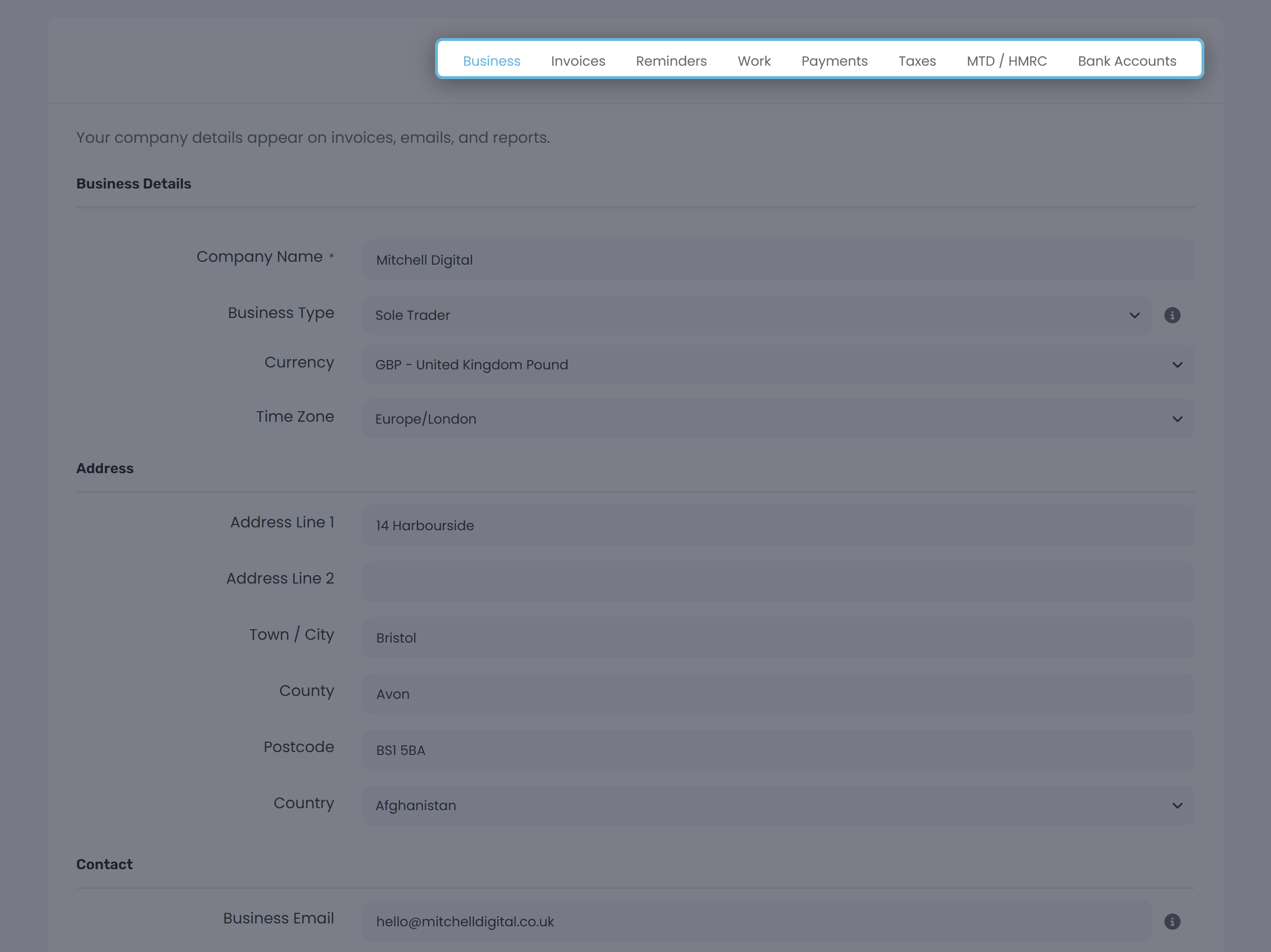 Row of Settings tabs at the top of the page