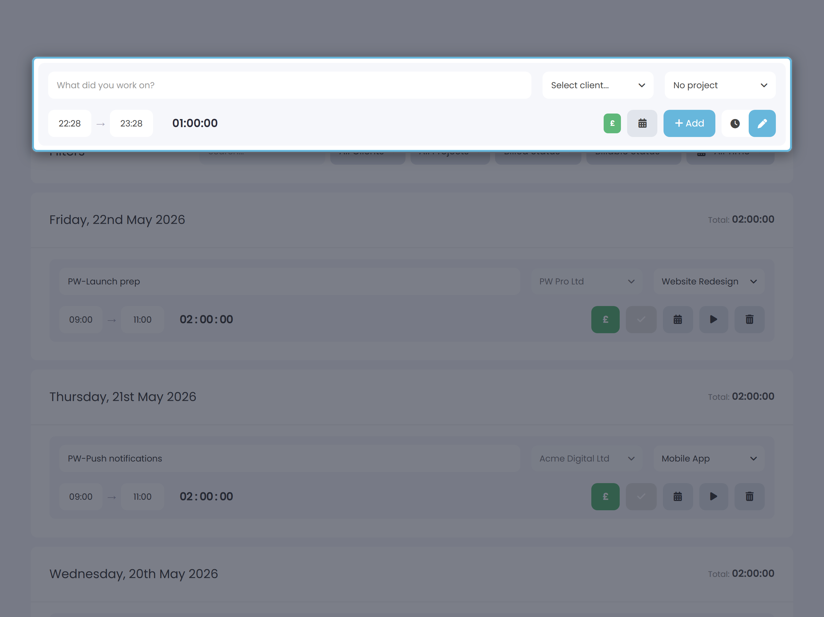 The manual entry row showing description, client, project, start time, end time, an auto-calculated duration, a billable toggle, a date button and an Add button.