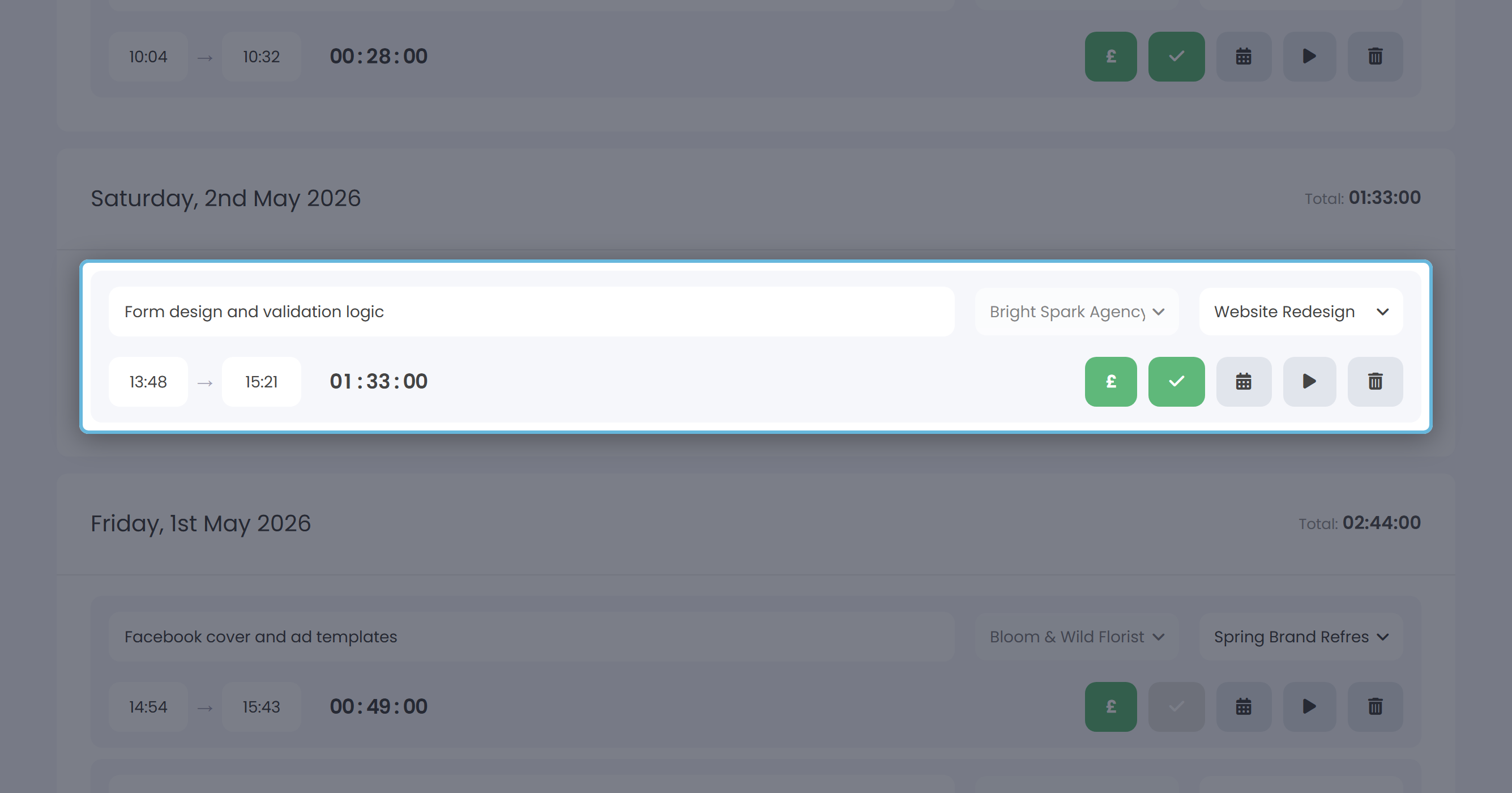 The time entry list grouped by date, with inline fields and a row of icon buttons on the right of each entry.