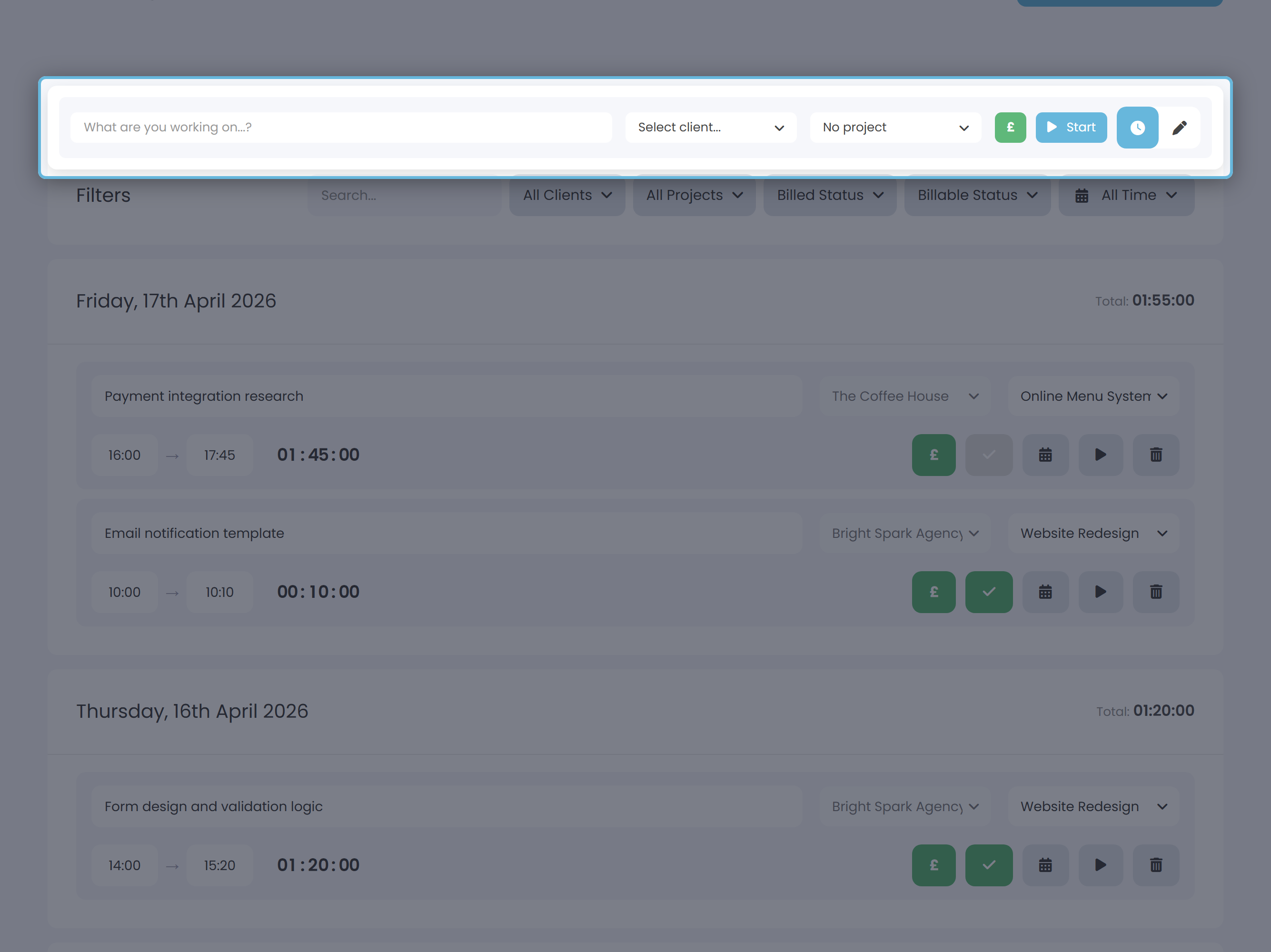 The idle timer row on the Time page, showing the description input, client dropdown, project dropdown, billable toggle and Start button.