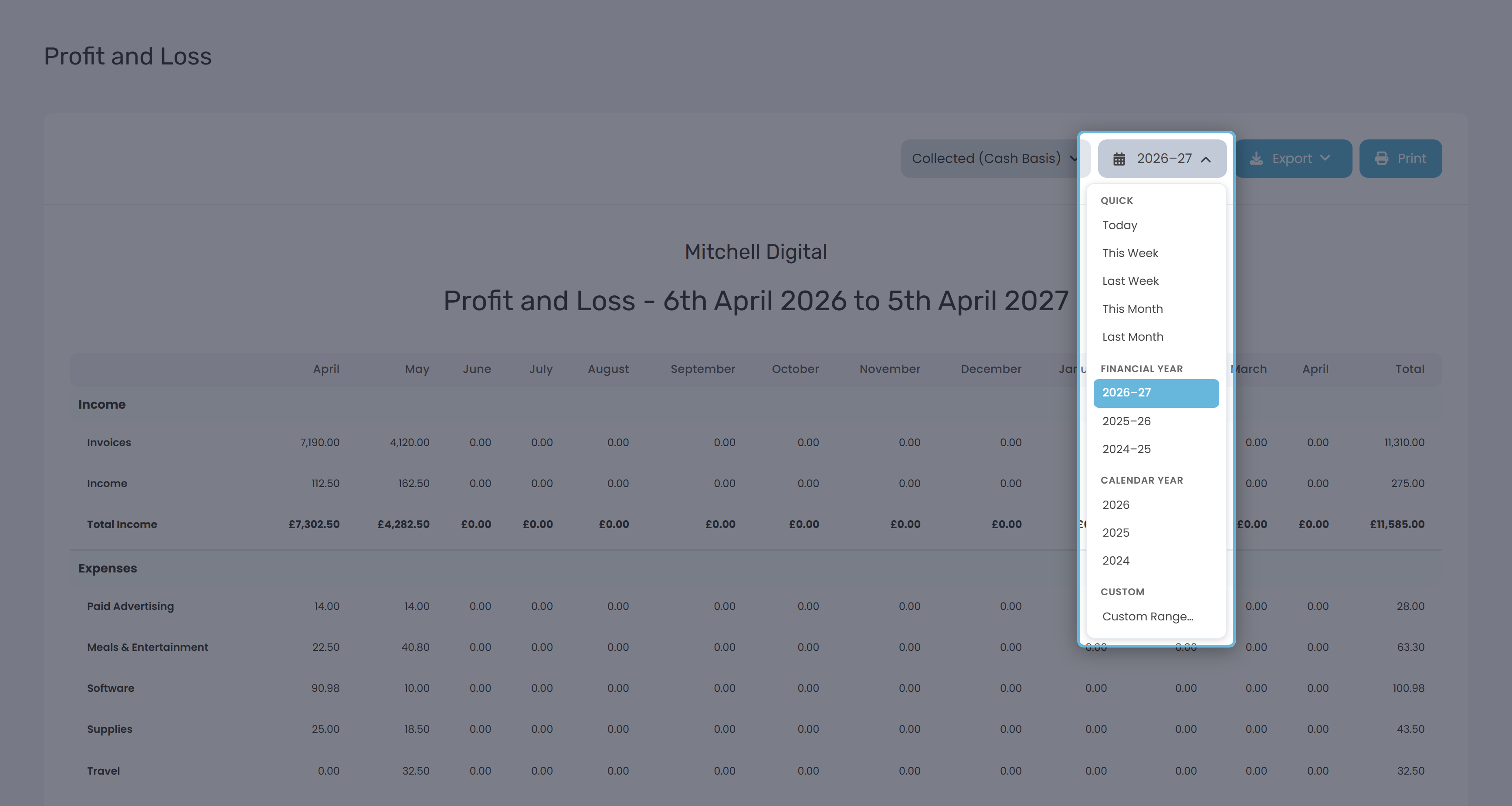 The date-range picker open, showing Quick, Financial Year and Calendar Year preset groups, plus a Custom Range option.