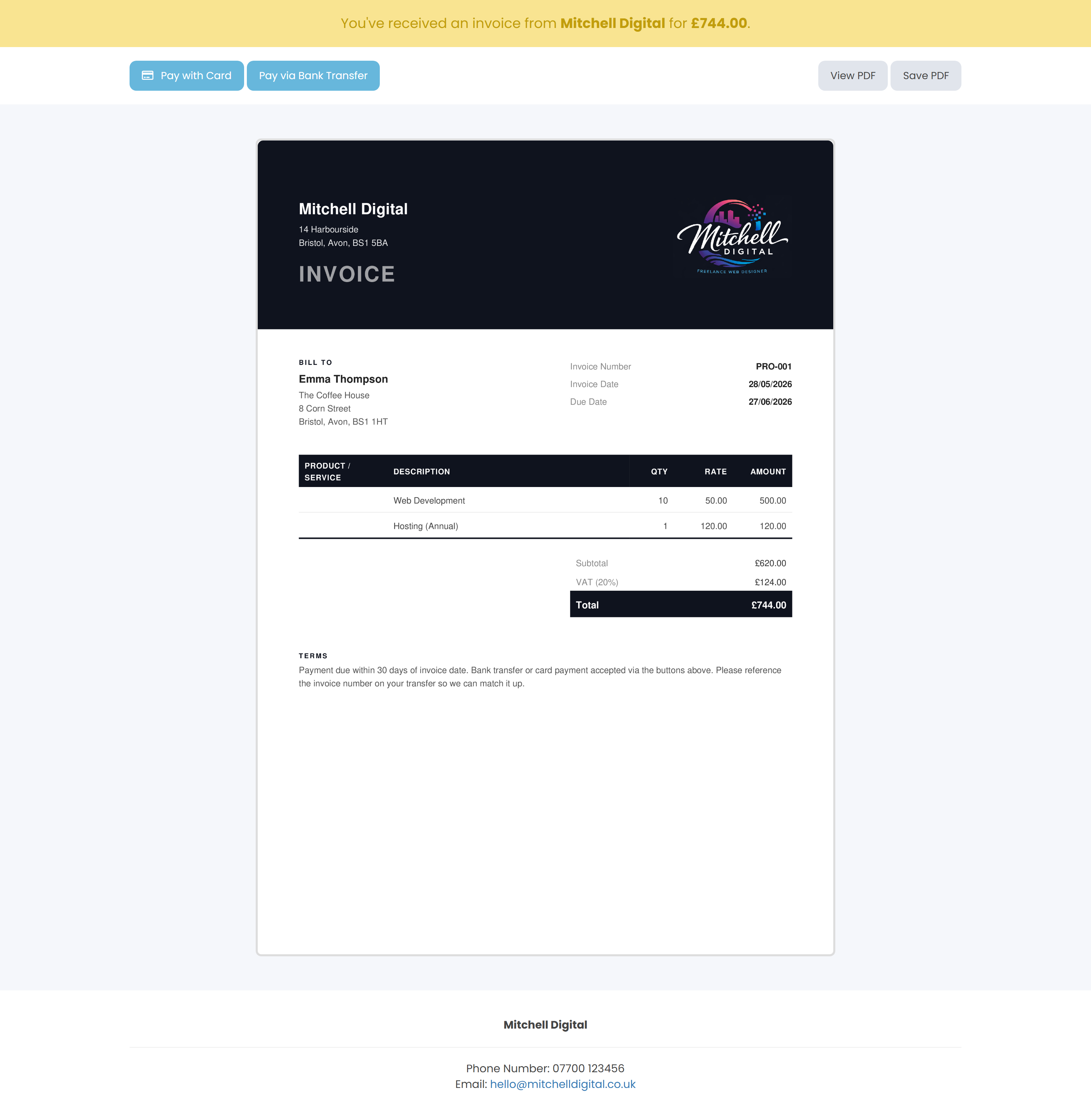 A Pro user's public invoice page with their own logo, accent colour, and no Keepr footer