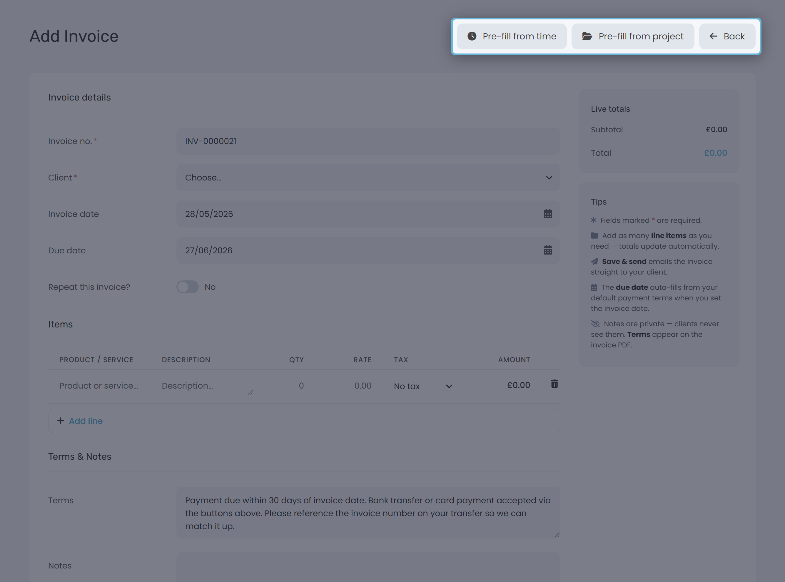 The Pre-fill from time button on the Add Invoice form