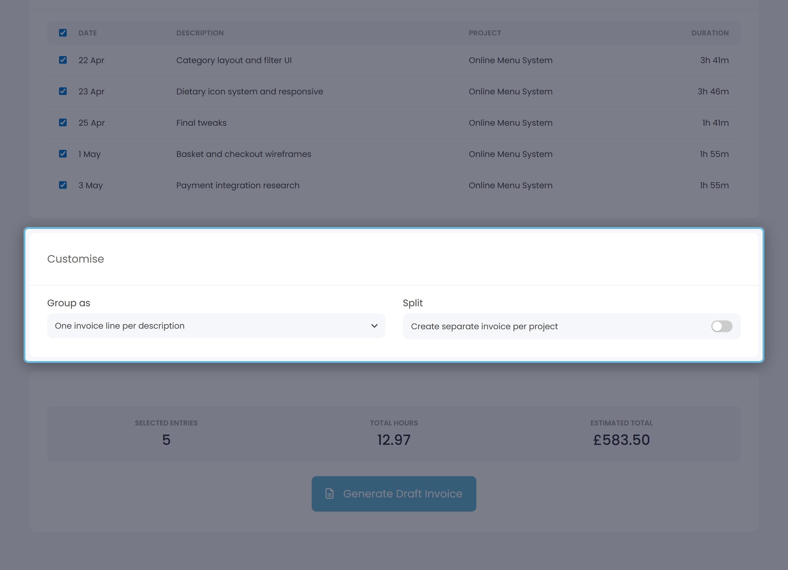 Customise portlet showing the Group as dropdown on the left and the "Create separate invoice per project" toggle on the right.
