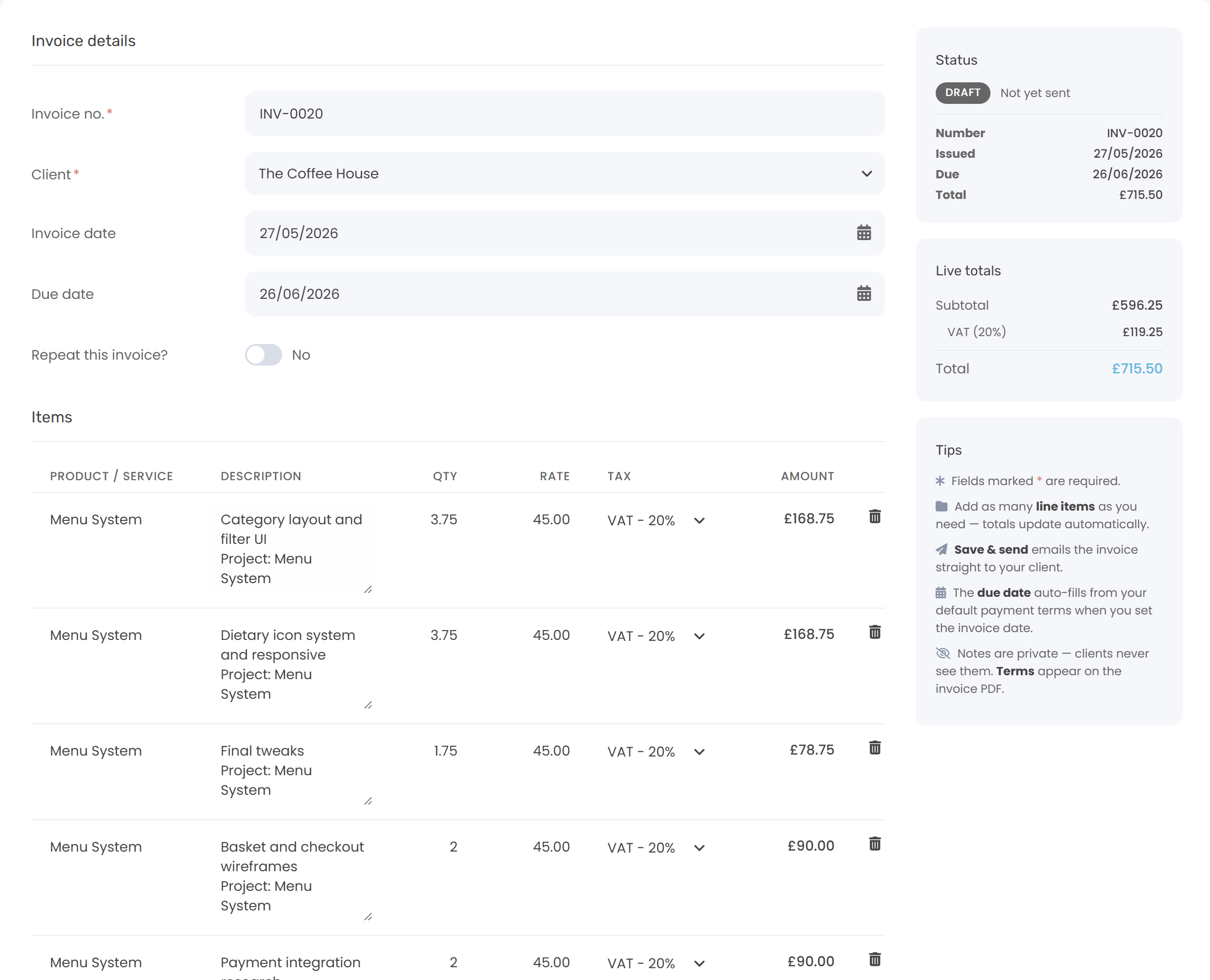 The newly generated draft invoice &mdash; pre-filled line items, hours, rate, totals card and save bar, exactly as the Add Invoice form looks when you arrive from Generate Draft Invoice.