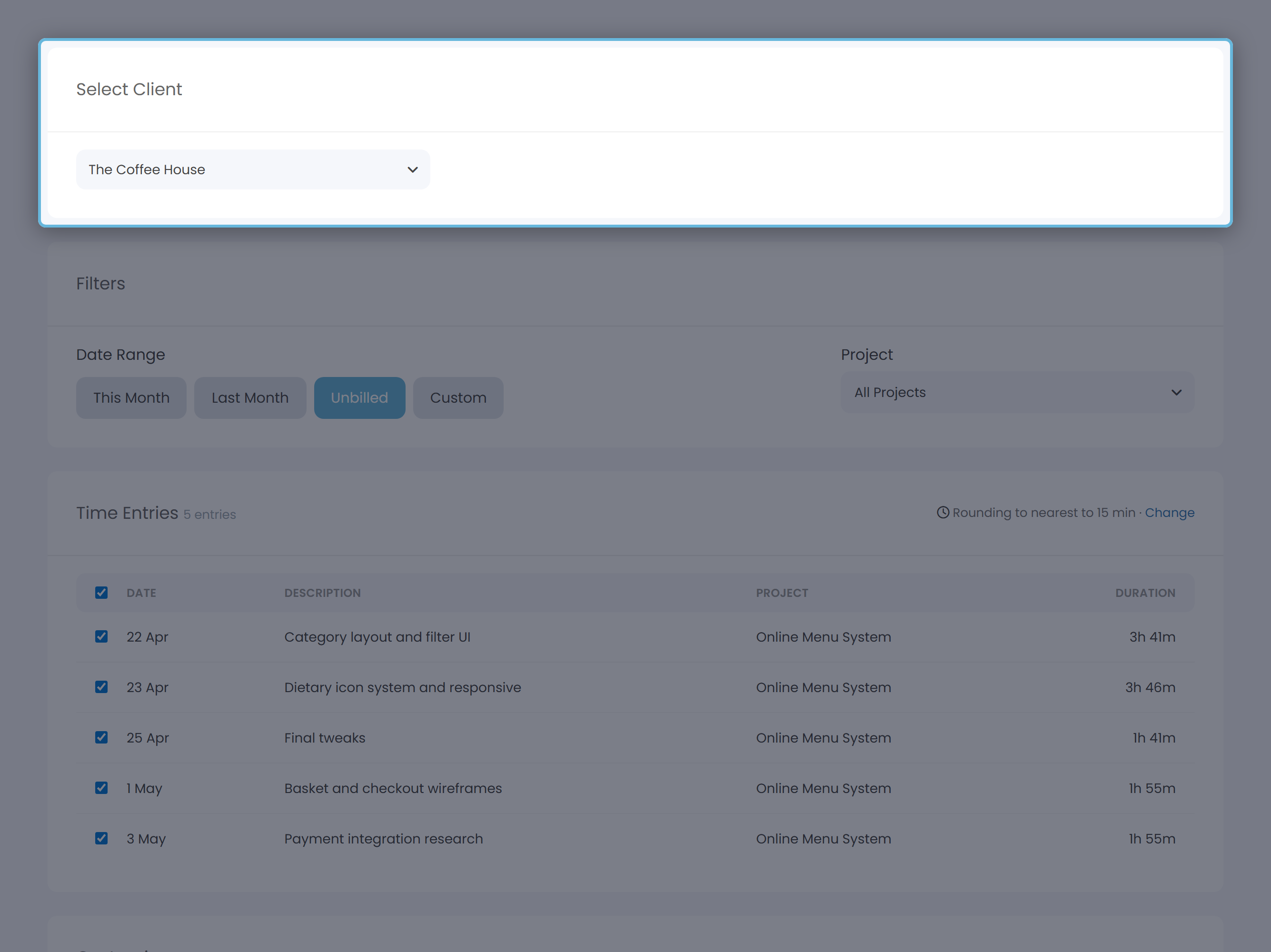 The Invoice from Time wizard with a client selected and entries listed