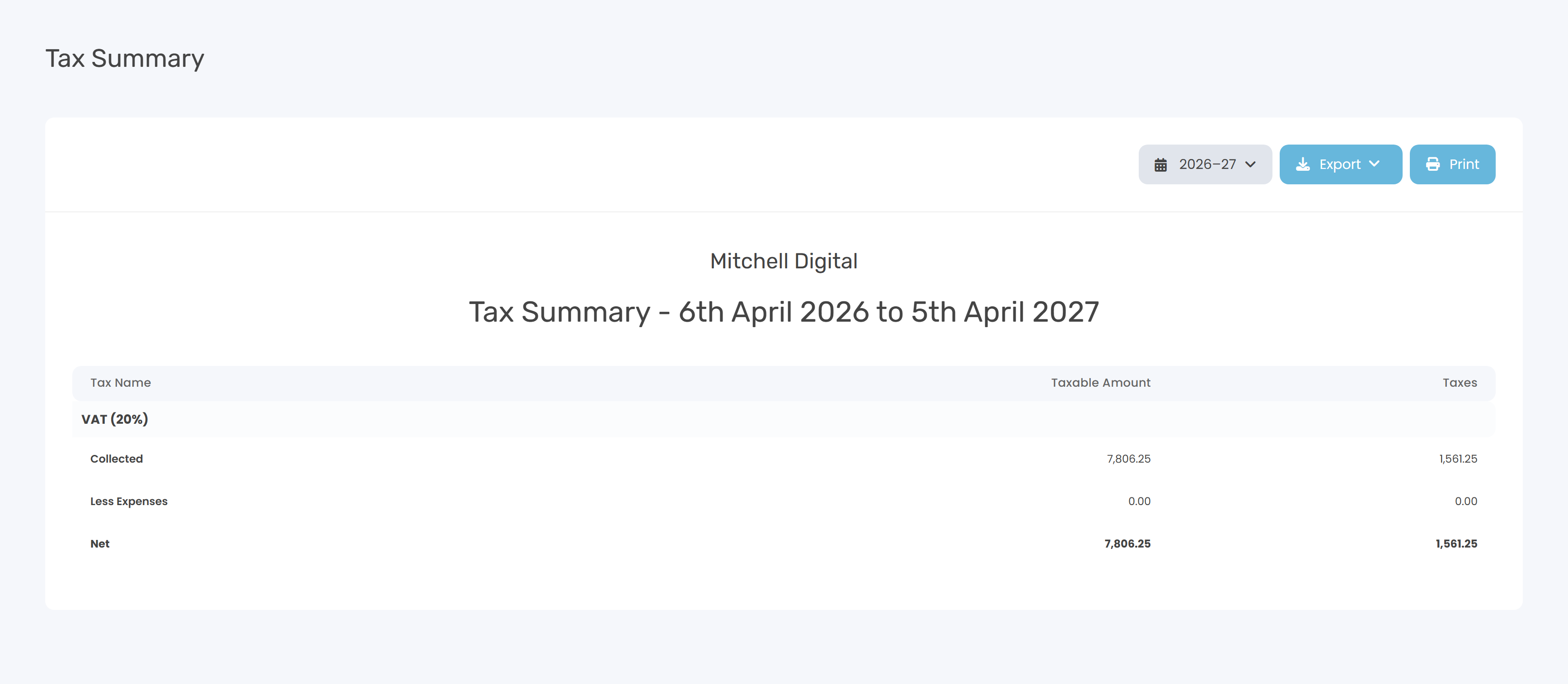 The Tax Summary report showing a VAT (20%) block with Collected, Less Expenses and Net rows, and Taxable Amount and Taxes columns.