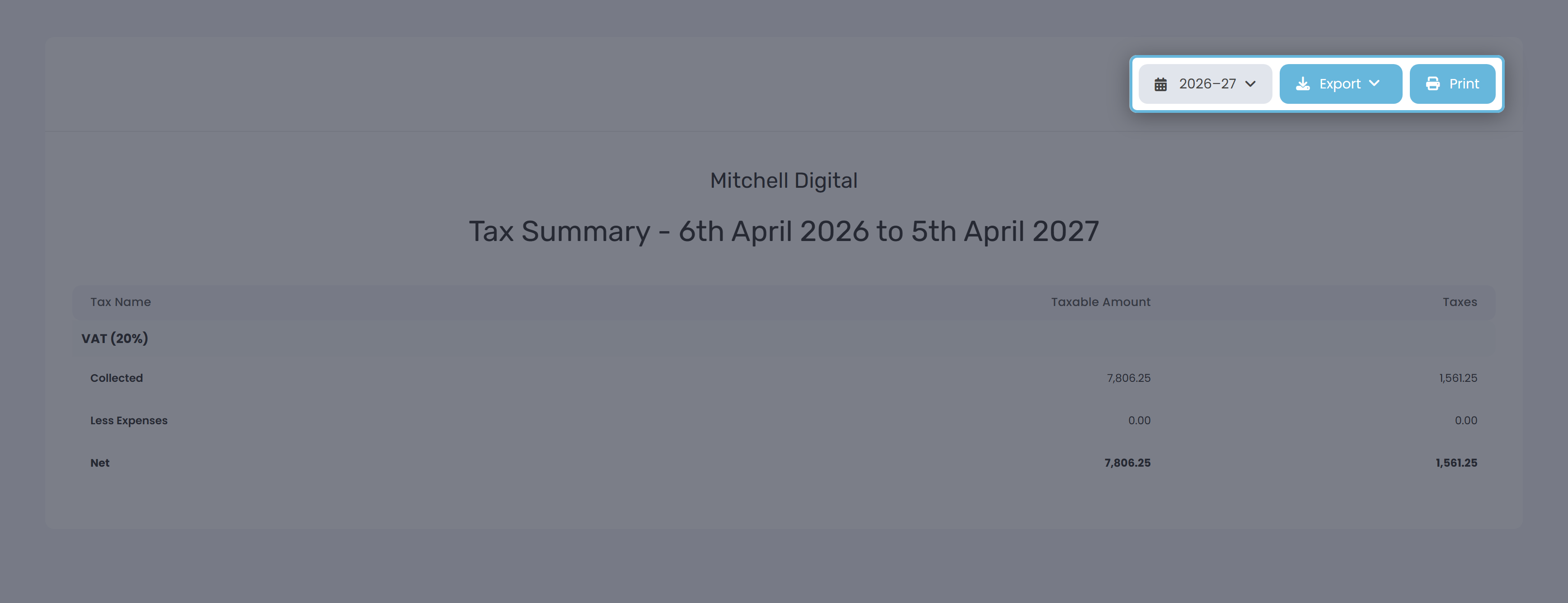 The Tax Summary toolbar showing only a date-range button, an Export dropdown and a Print button.