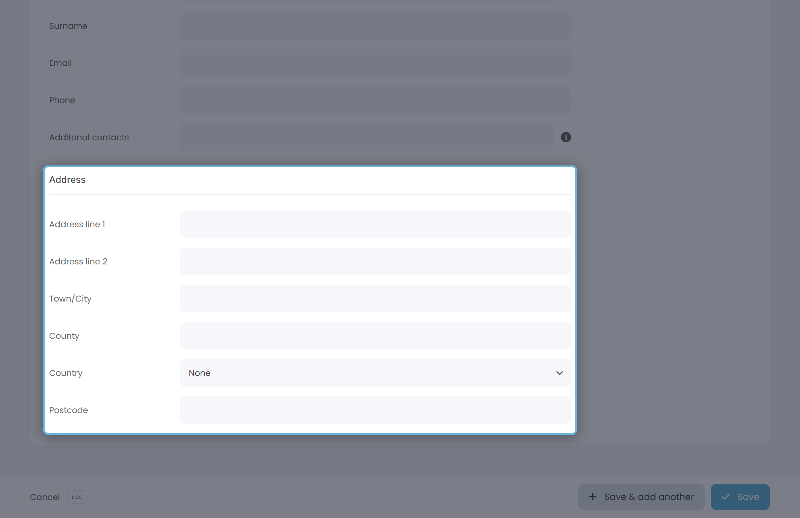 The Address section of the Add Client form