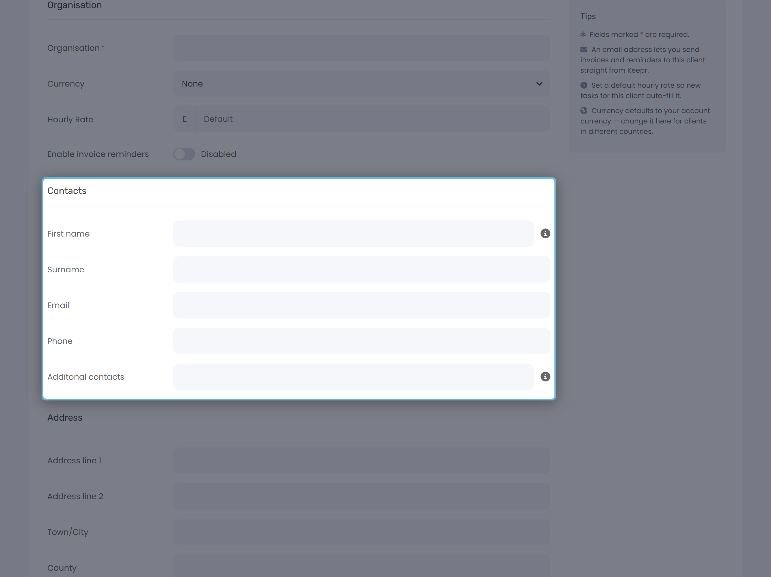 The Contacts section of the Add Client form