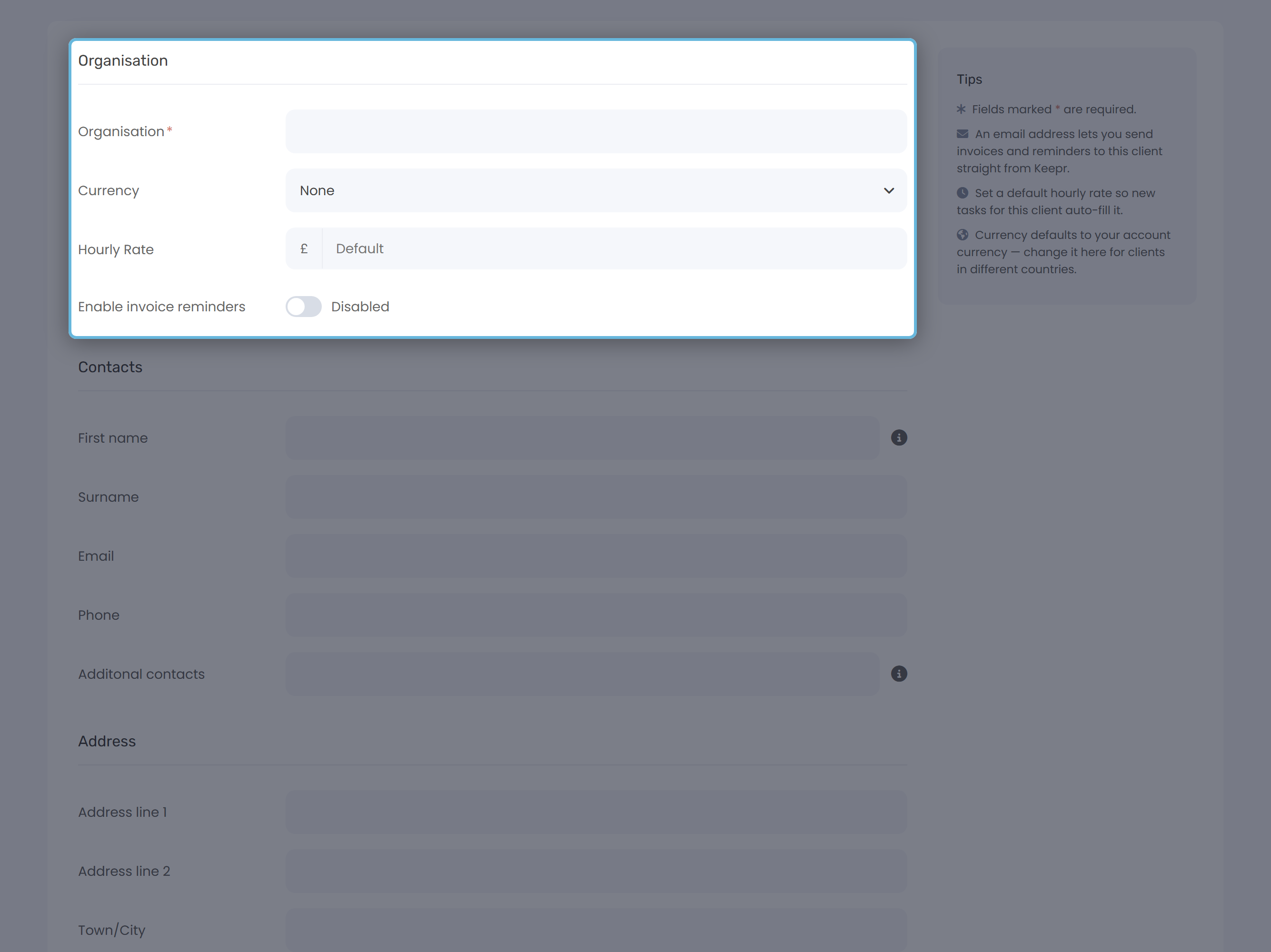 The Organisation section of the Add Client form