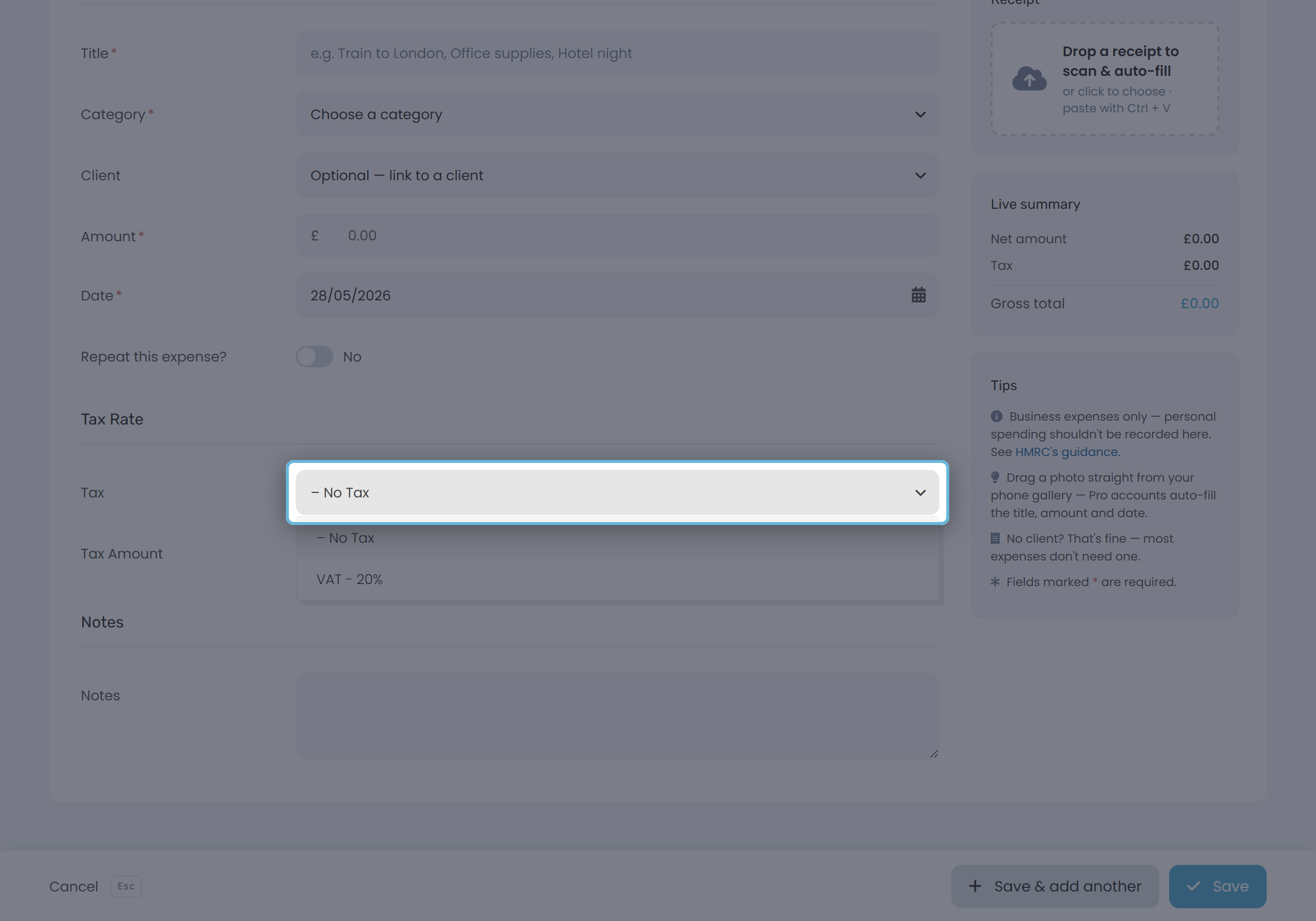 Add Expense form with the Tax dropdown open