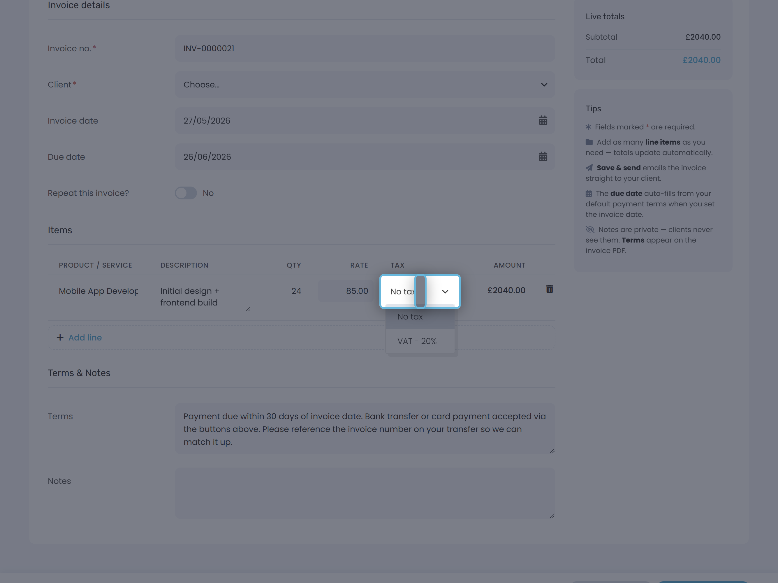 Invoice line with the Tax dropdown open showing No Tax, VAT 20%, and Reduced VAT 5%