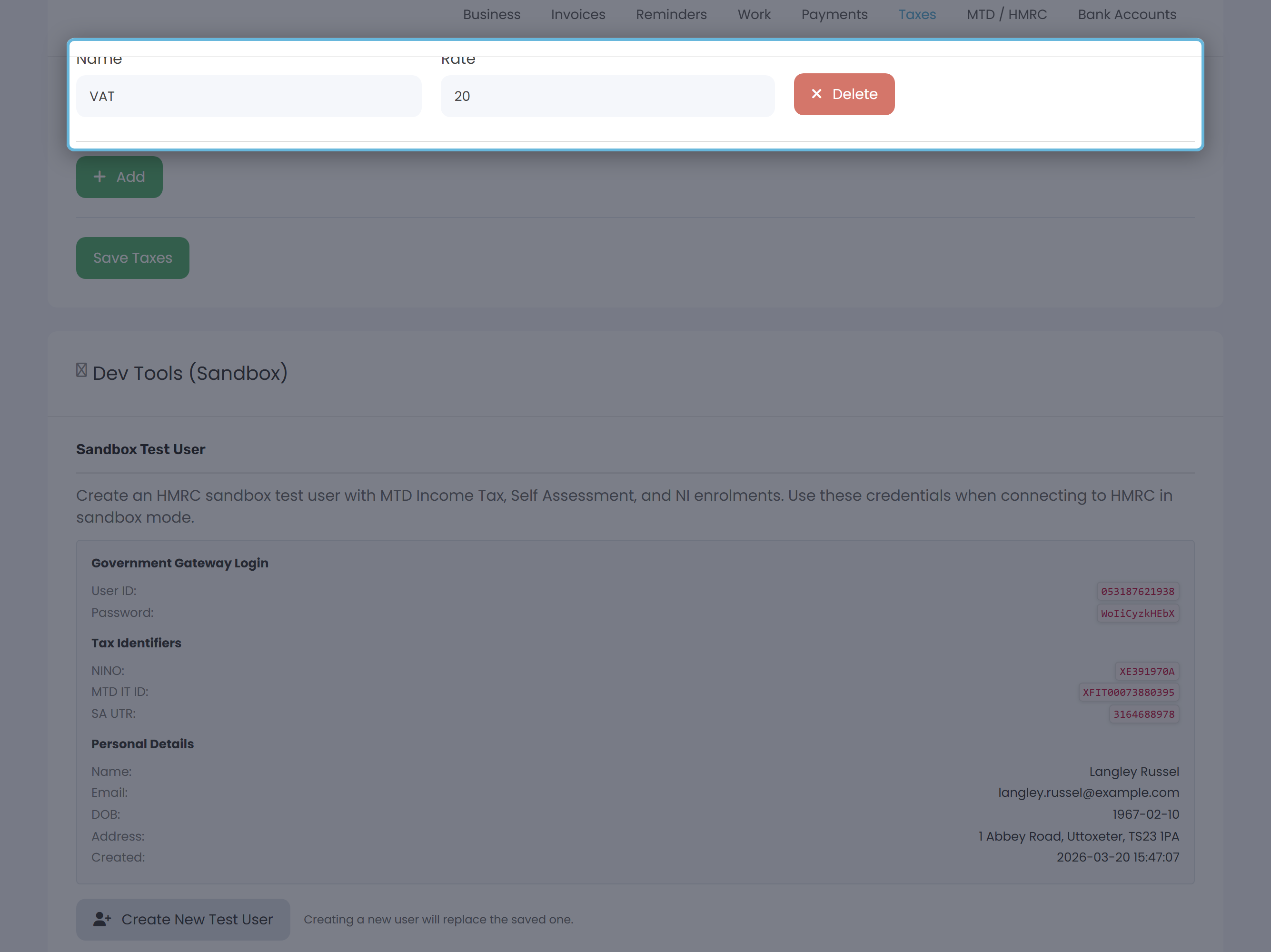 The Settings Taxes tab with an inline row for adding a VAT rate name and percentage