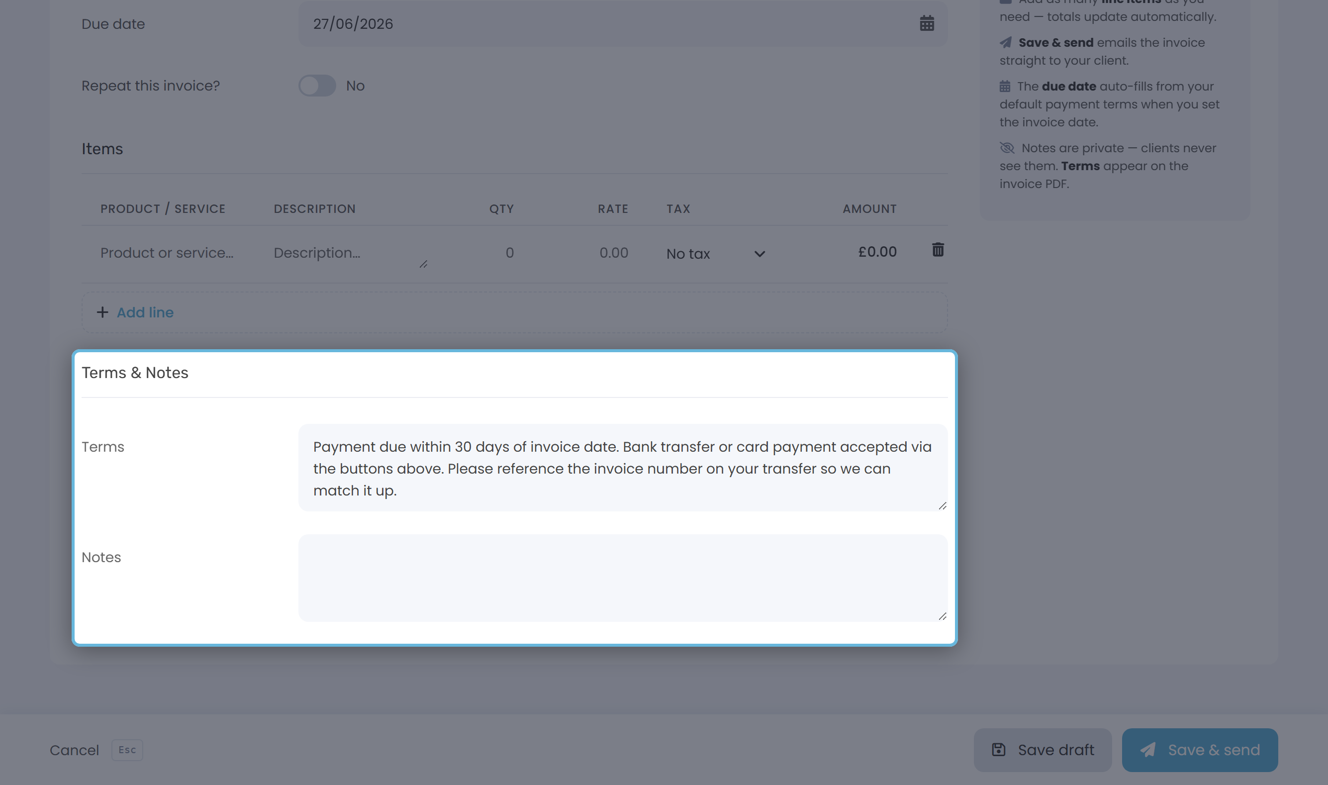 Terms and Notes section on the Add Invoice form