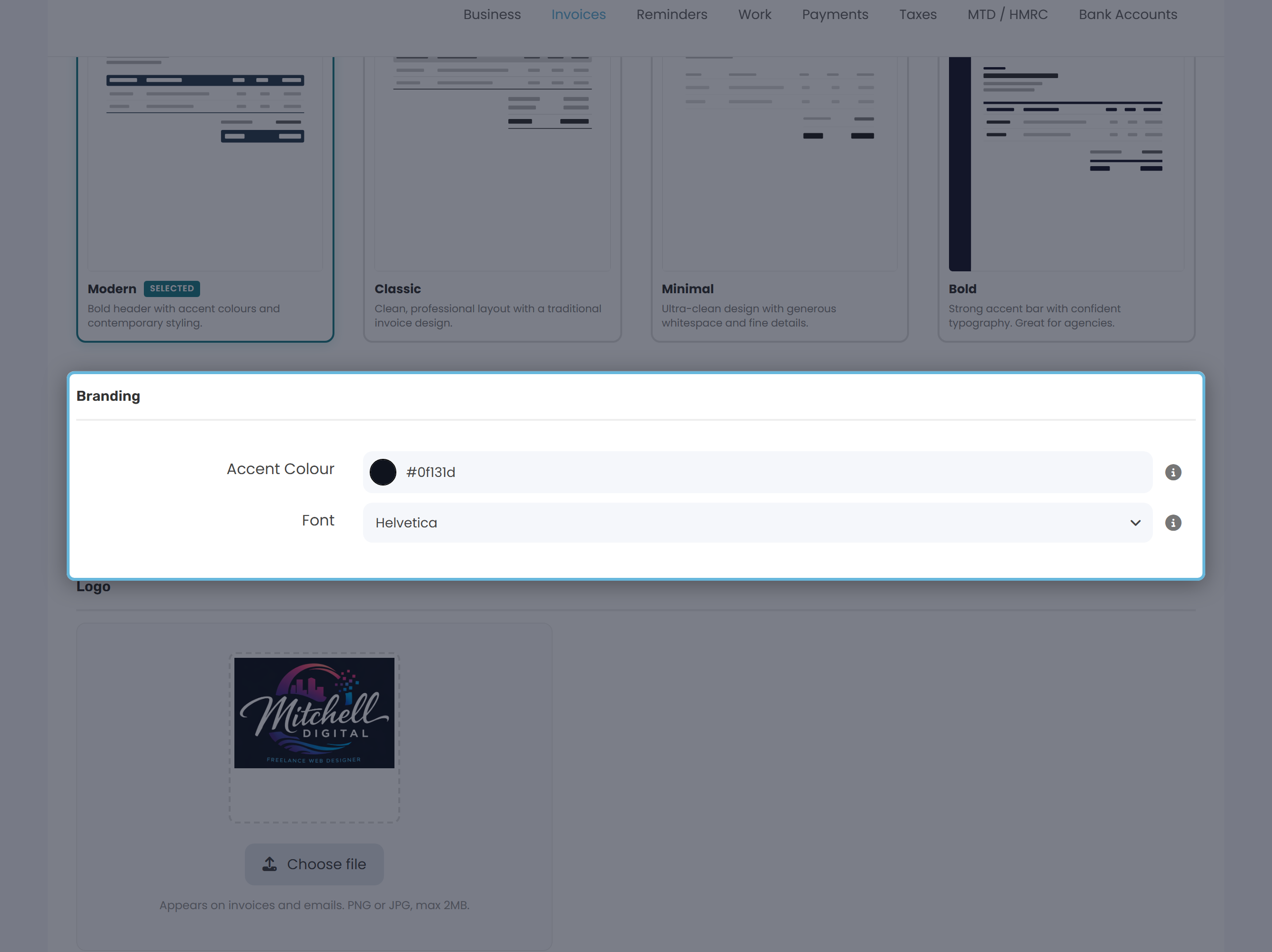 Accent Colour picker and Font dropdown on the Invoices tab