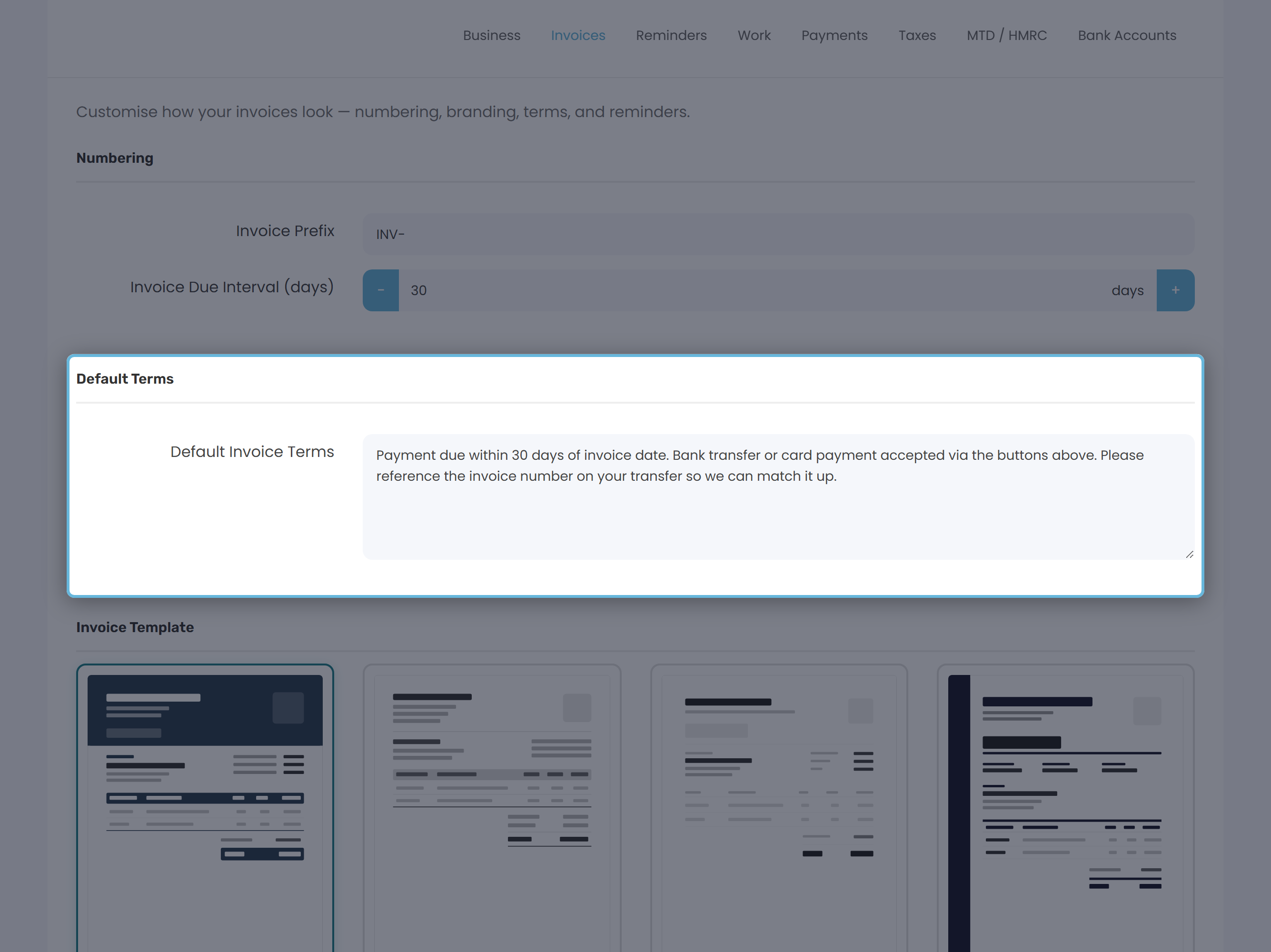 Default Invoice Terms textarea with sample wording