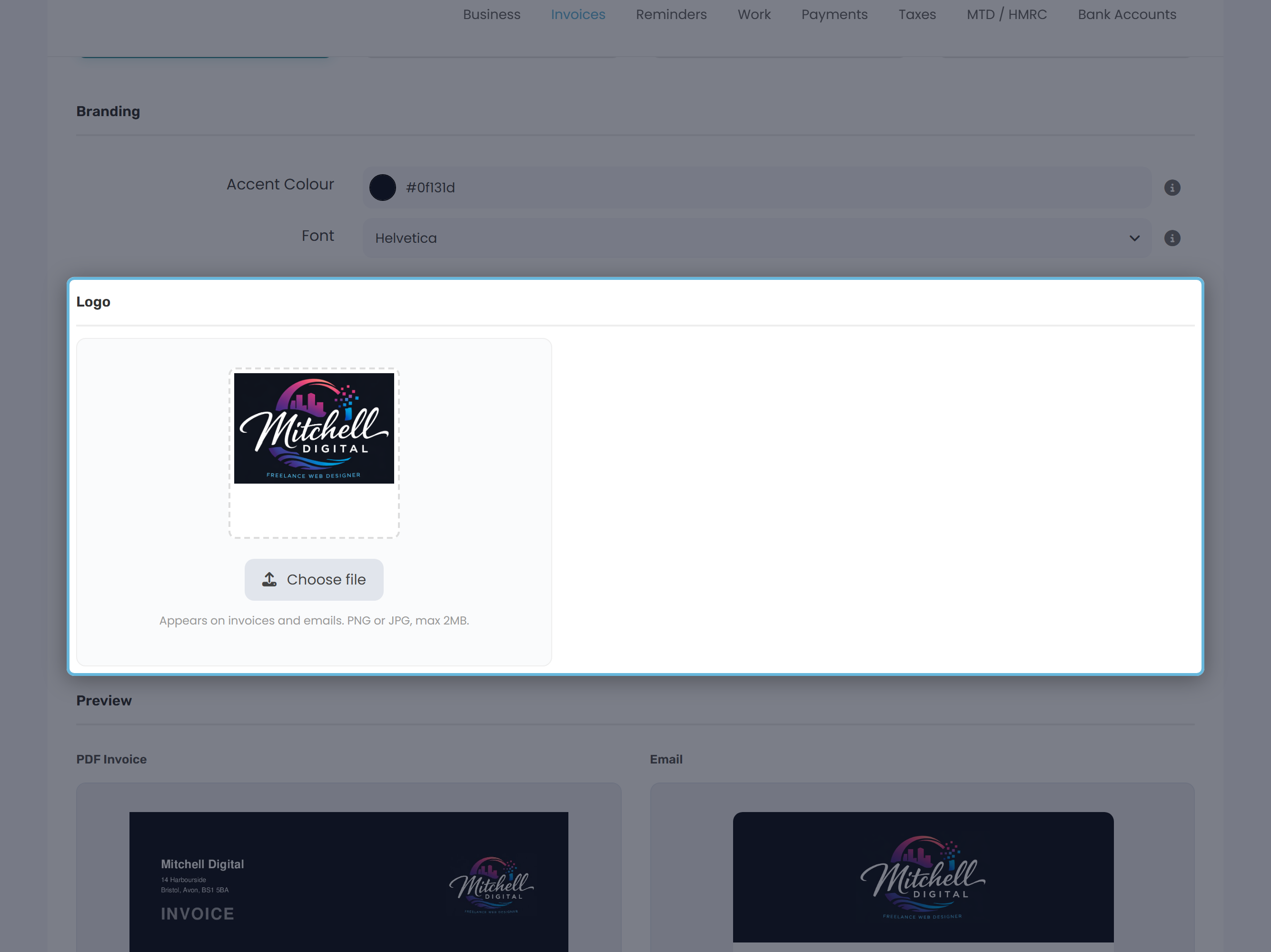 Logo upload card on the Invoices tab