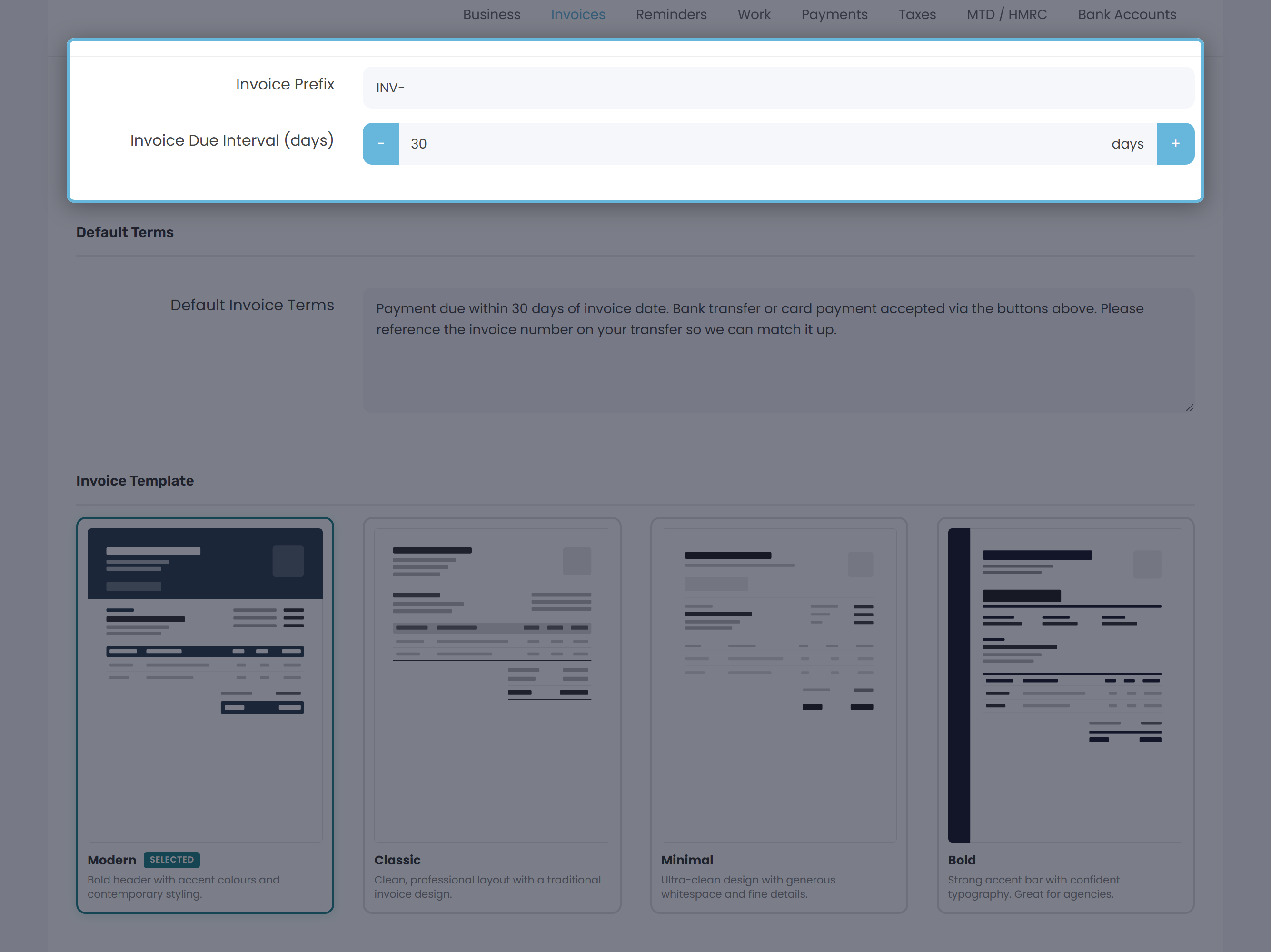 Invoice Prefix and Invoice Due Interval fields in Settings