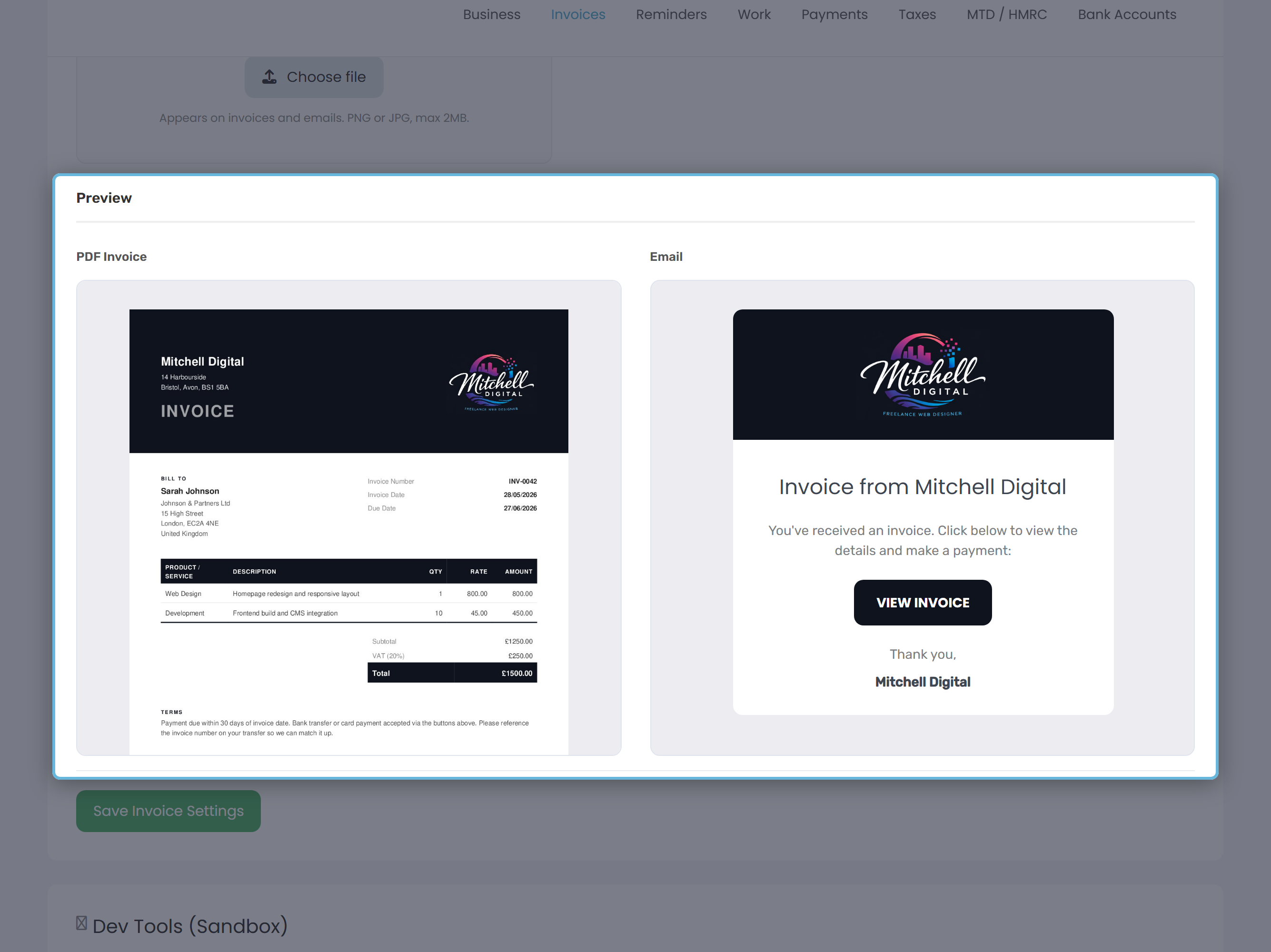 Side-by-side PDF and email preview at the bottom of the Invoices tab