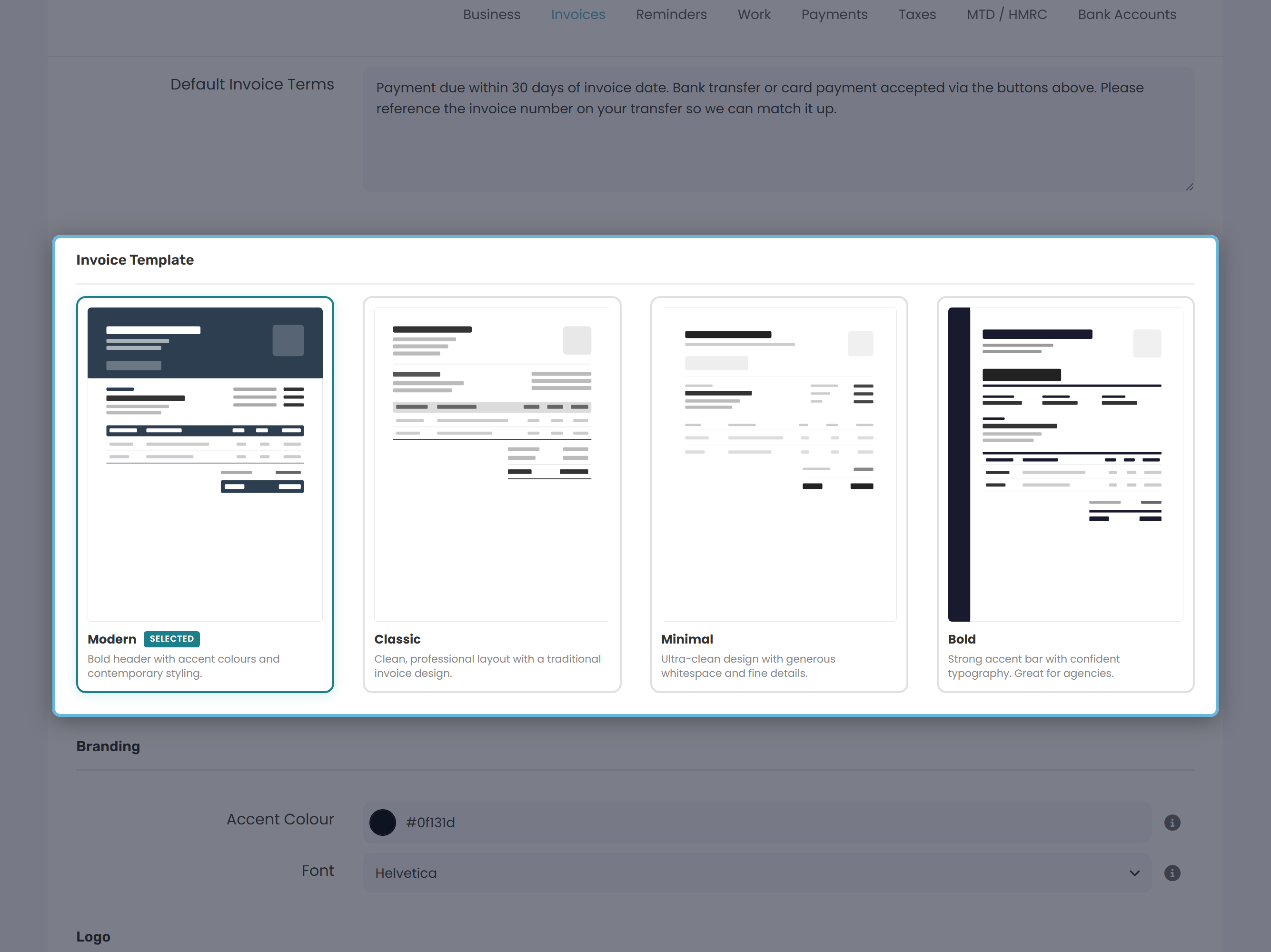 Invoice template gallery with thumbnails