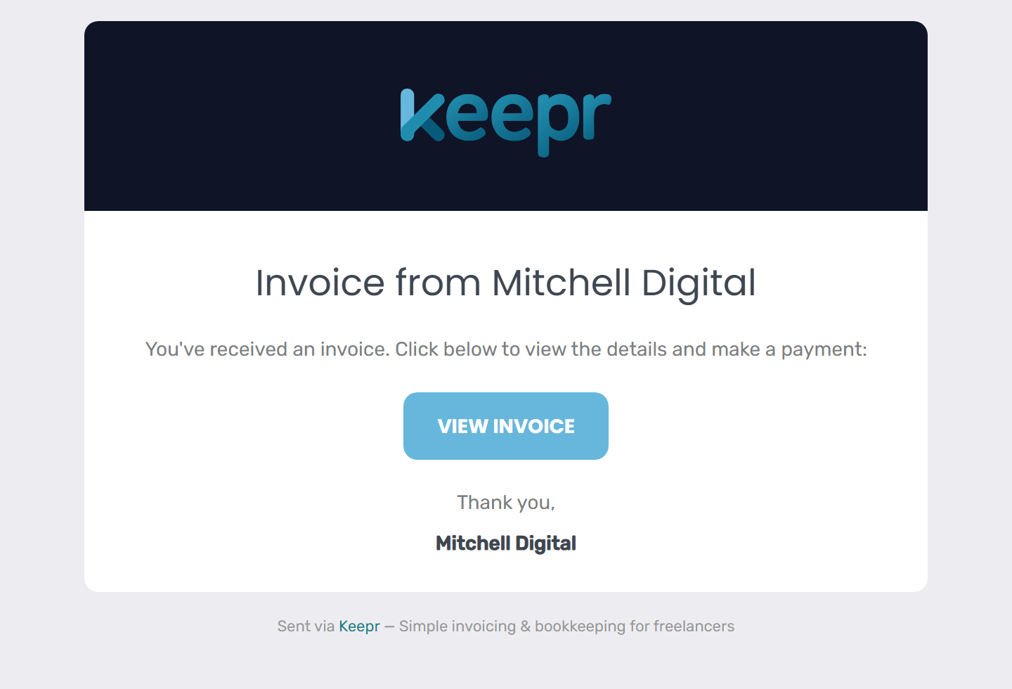 Free-tier invoice email with Keepr logo and 'Sent via Keepr' footer