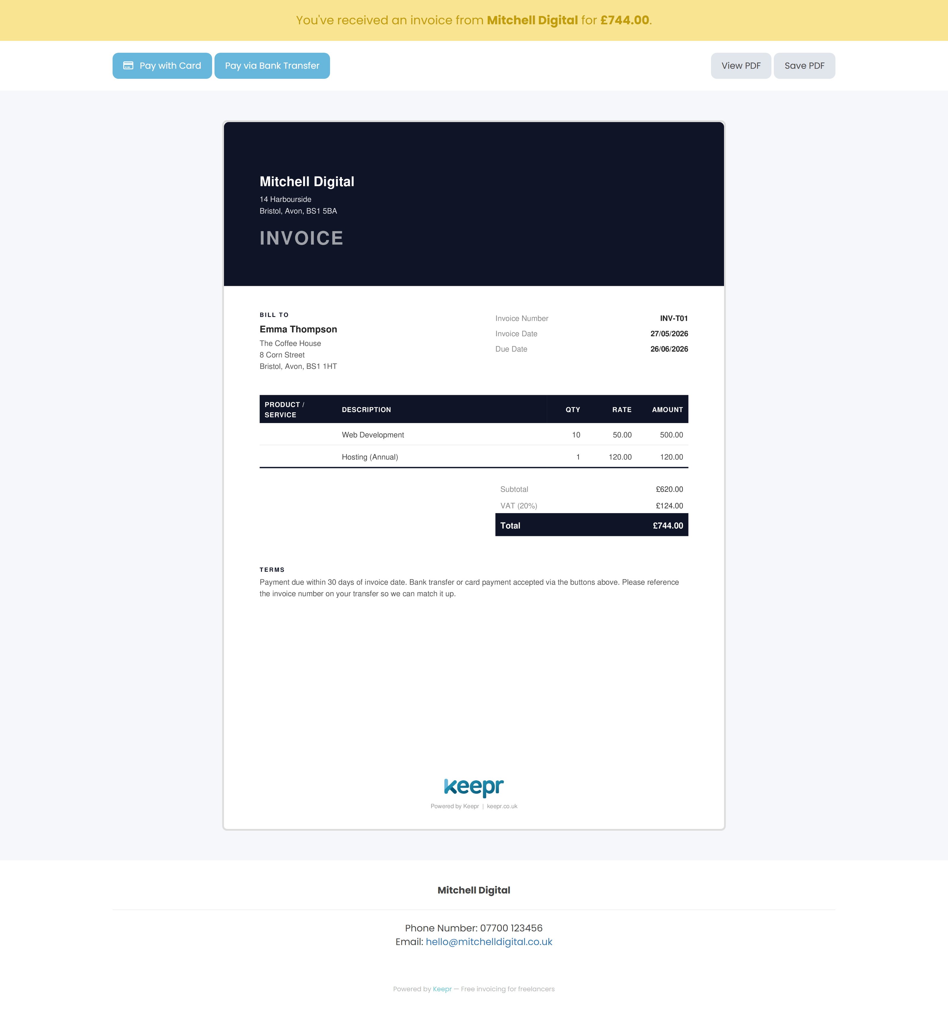 The public invoice page a client sees after clicking the email link