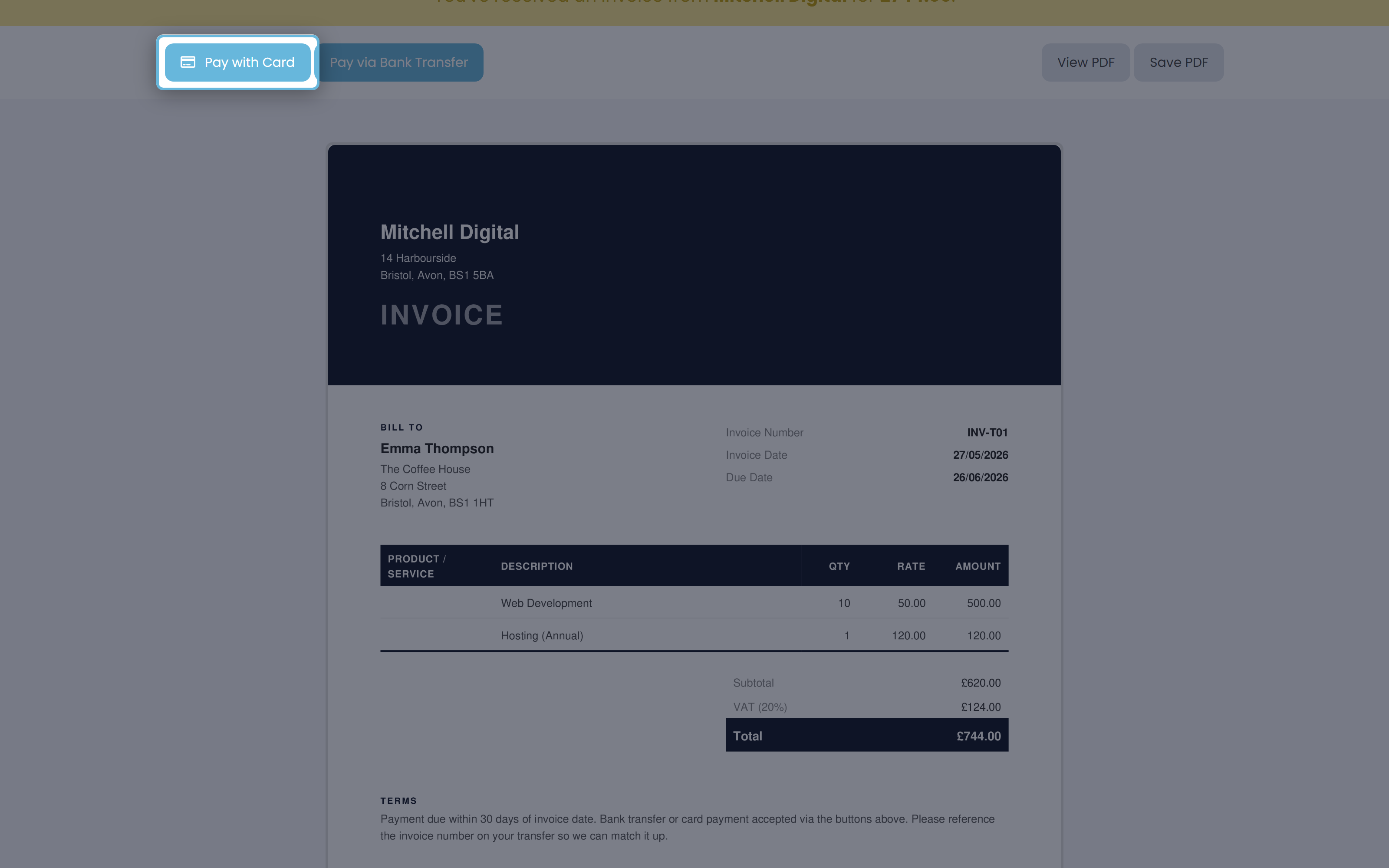 Close-up of the Pay with Card button on the public invoice page