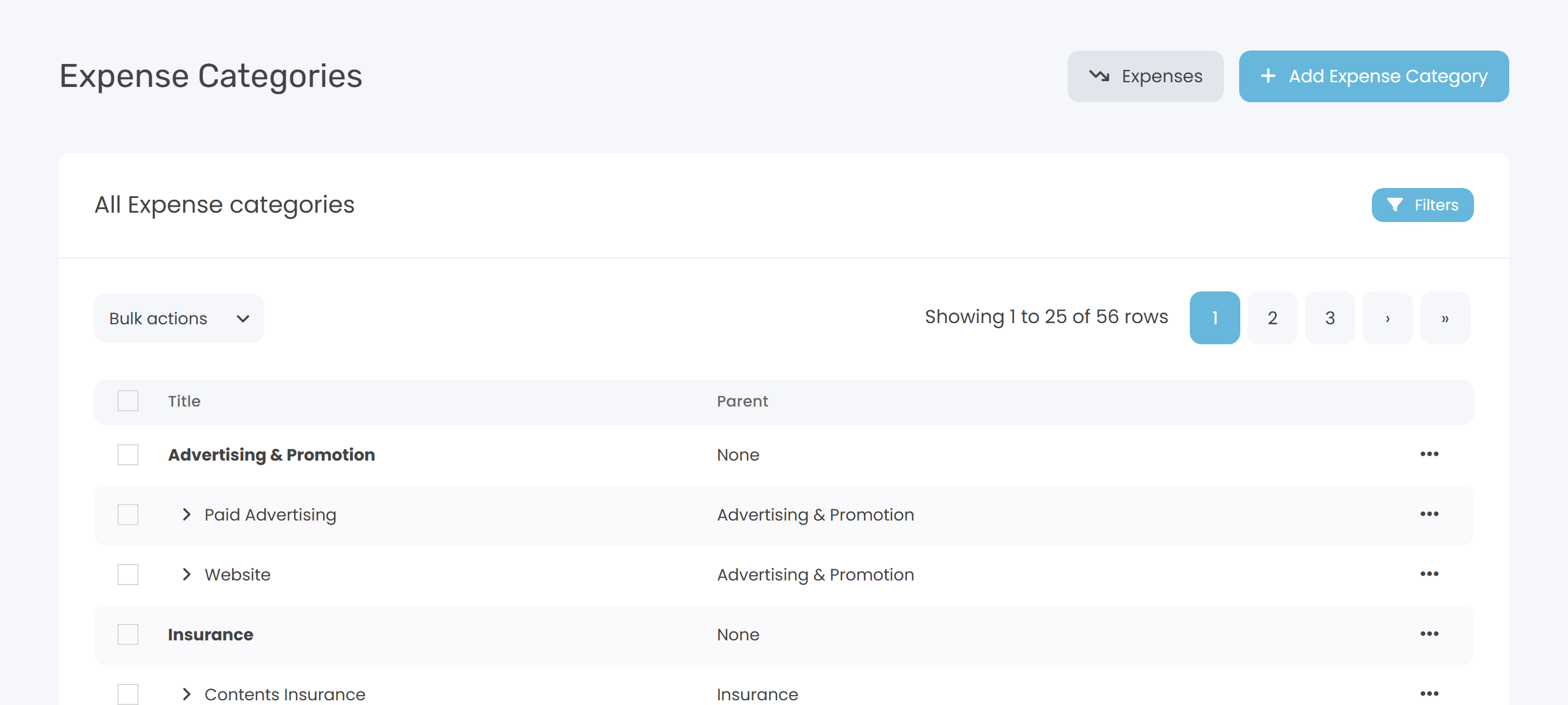 The Expense Categories list page showing parent categories with their seeded icons and nested sub-categories.