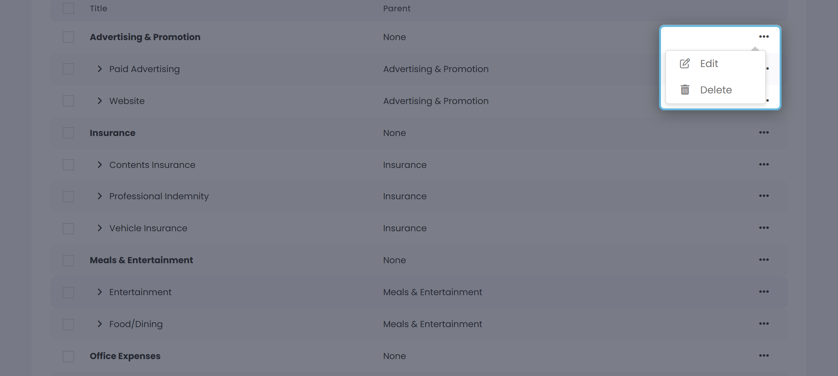 The Expense Categories list with one row's &hellip; menu open, showing Edit and Delete options.