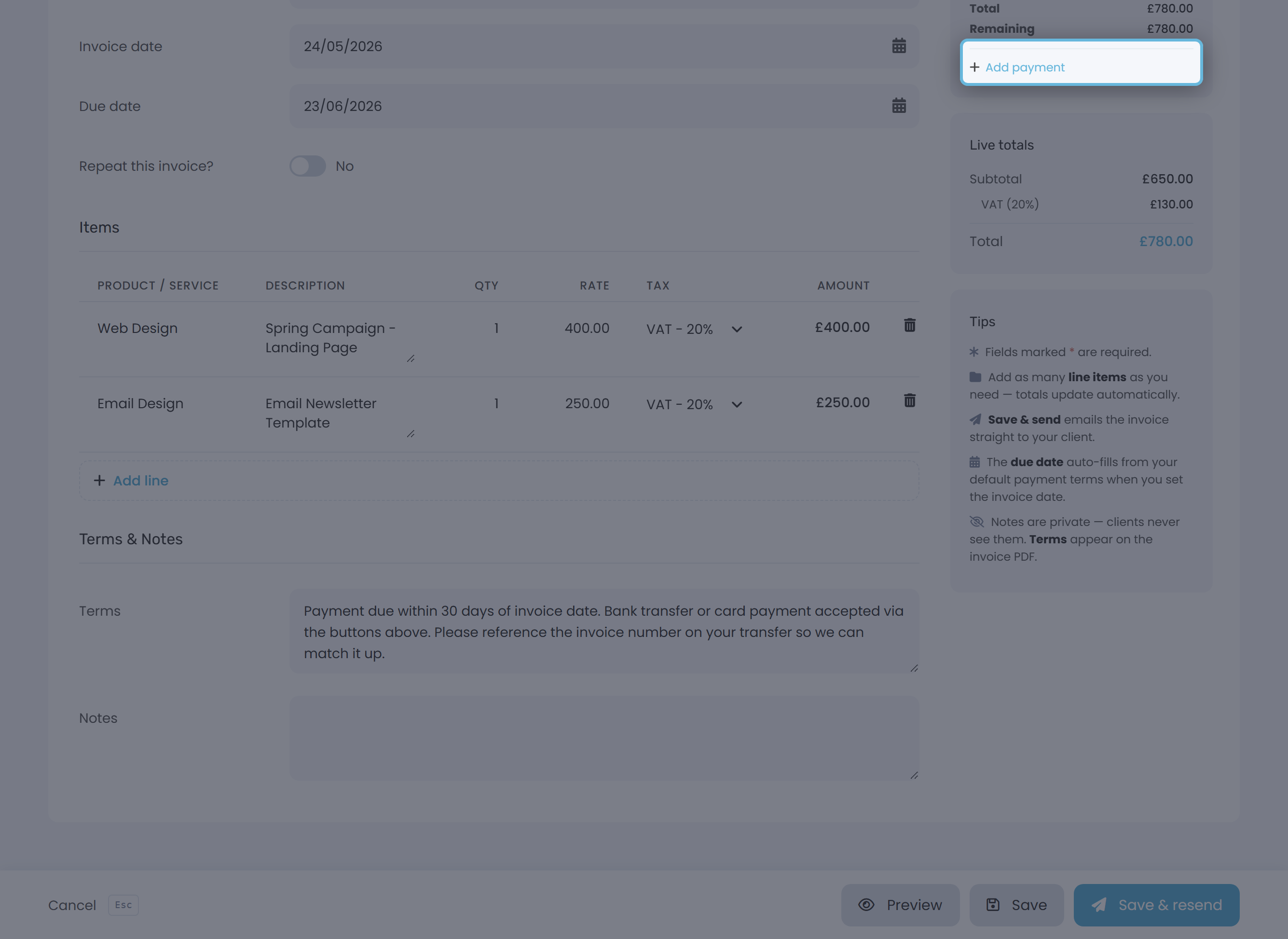 Status card on an invoice edit page with the Add payment link highlighted