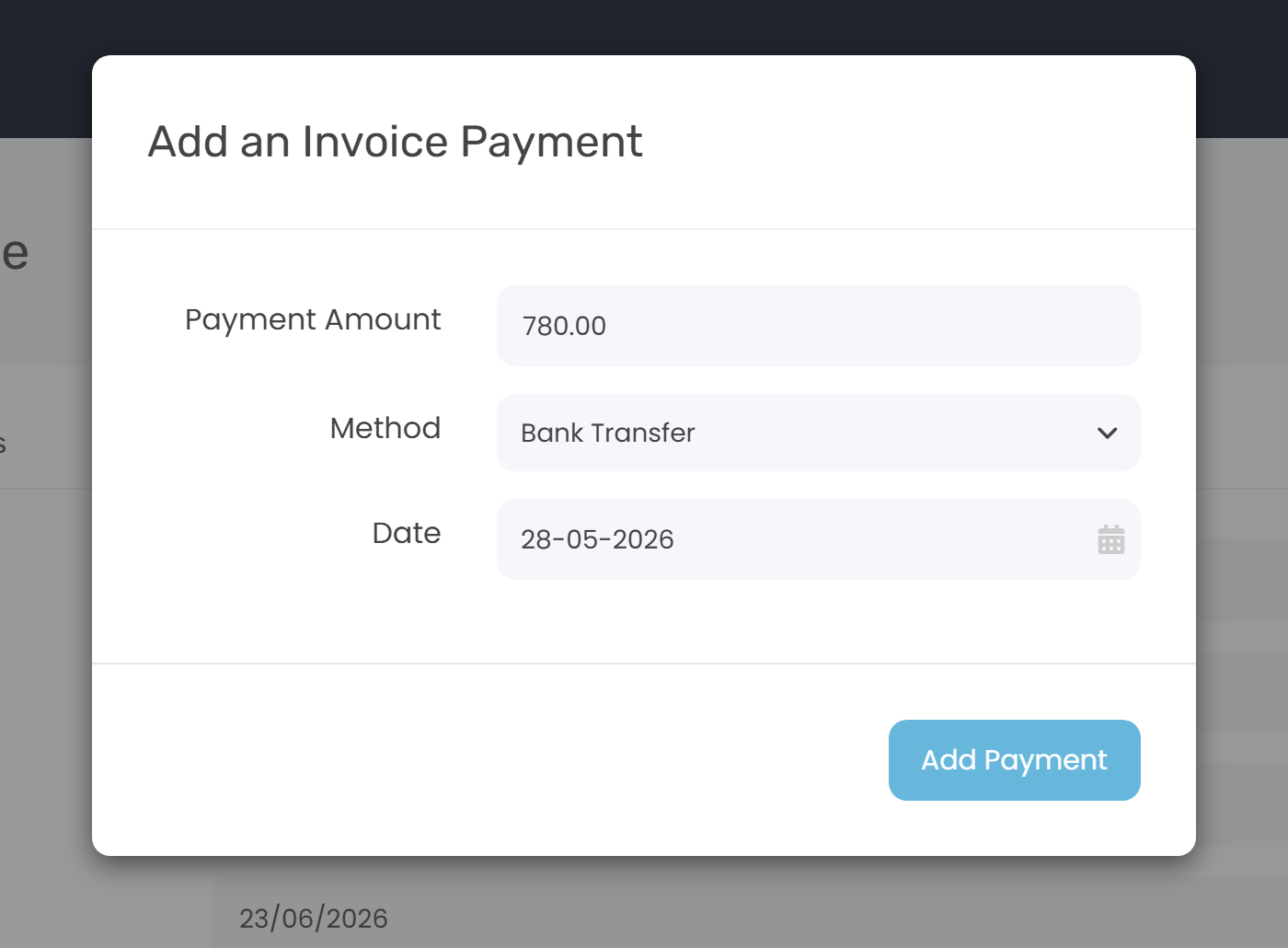 The Add an Invoice Payment modal with Payment Amount, Method, and Date fields