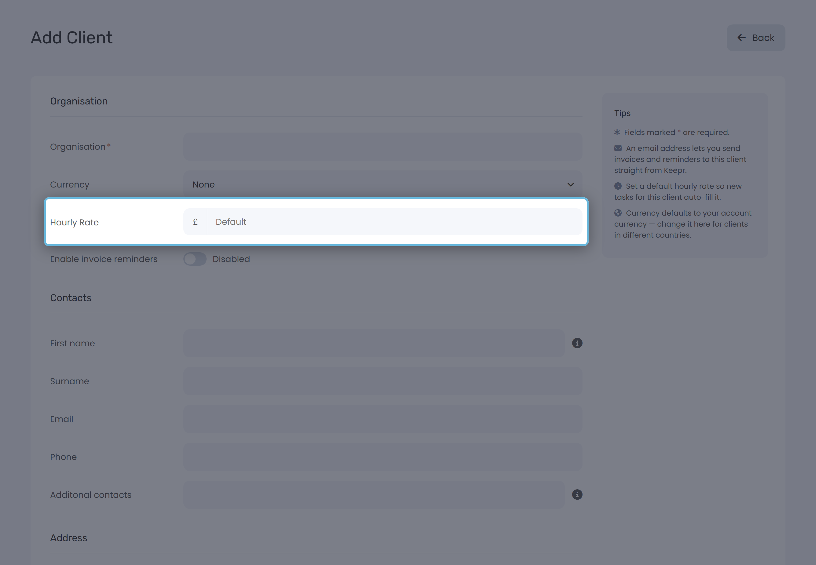 The Hourly Rate field on the client edit form, showing a read-only currency input with a Change button.