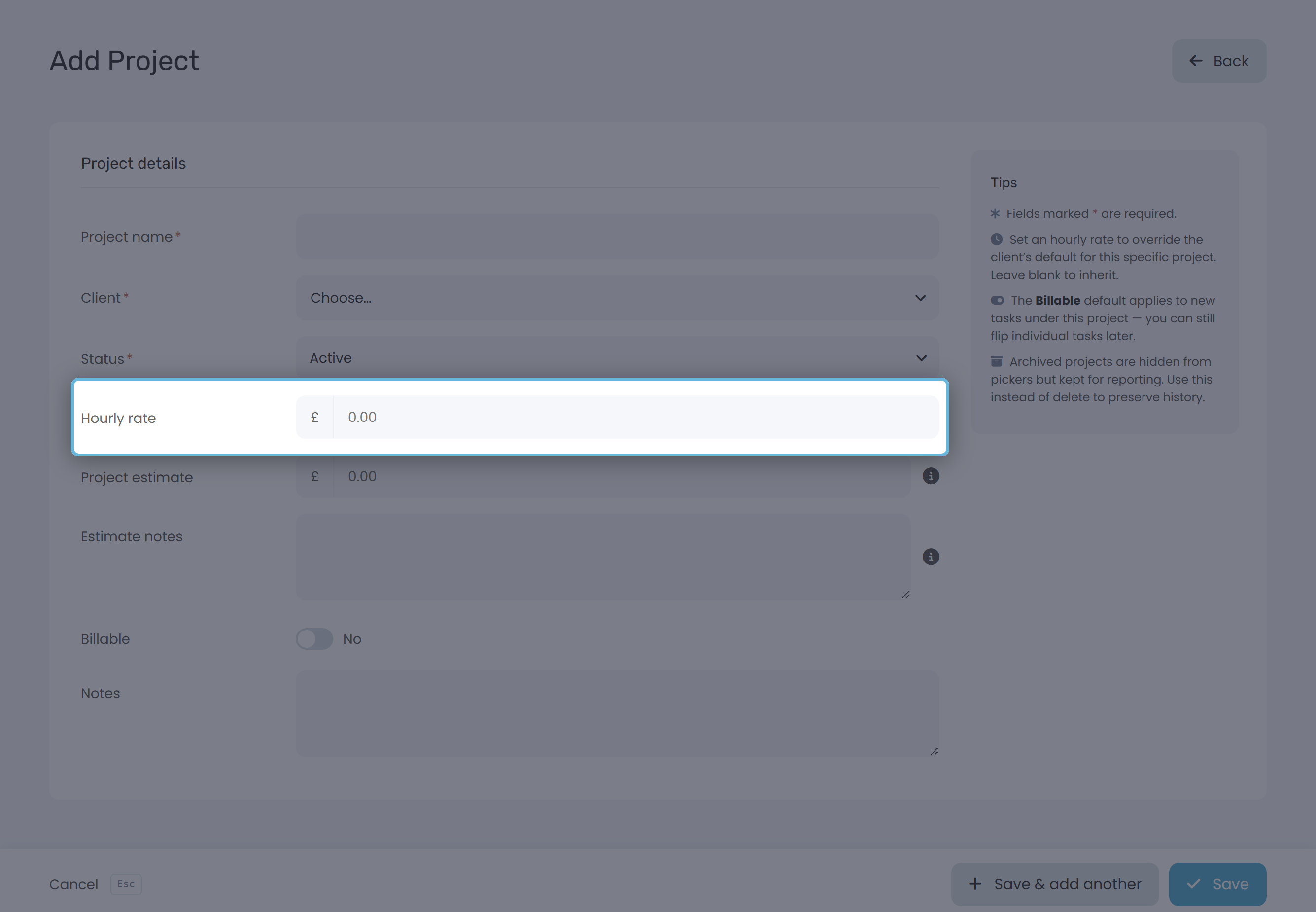 The Hourly rate field on the project edit form, showing a read-only currency input with a Change button.