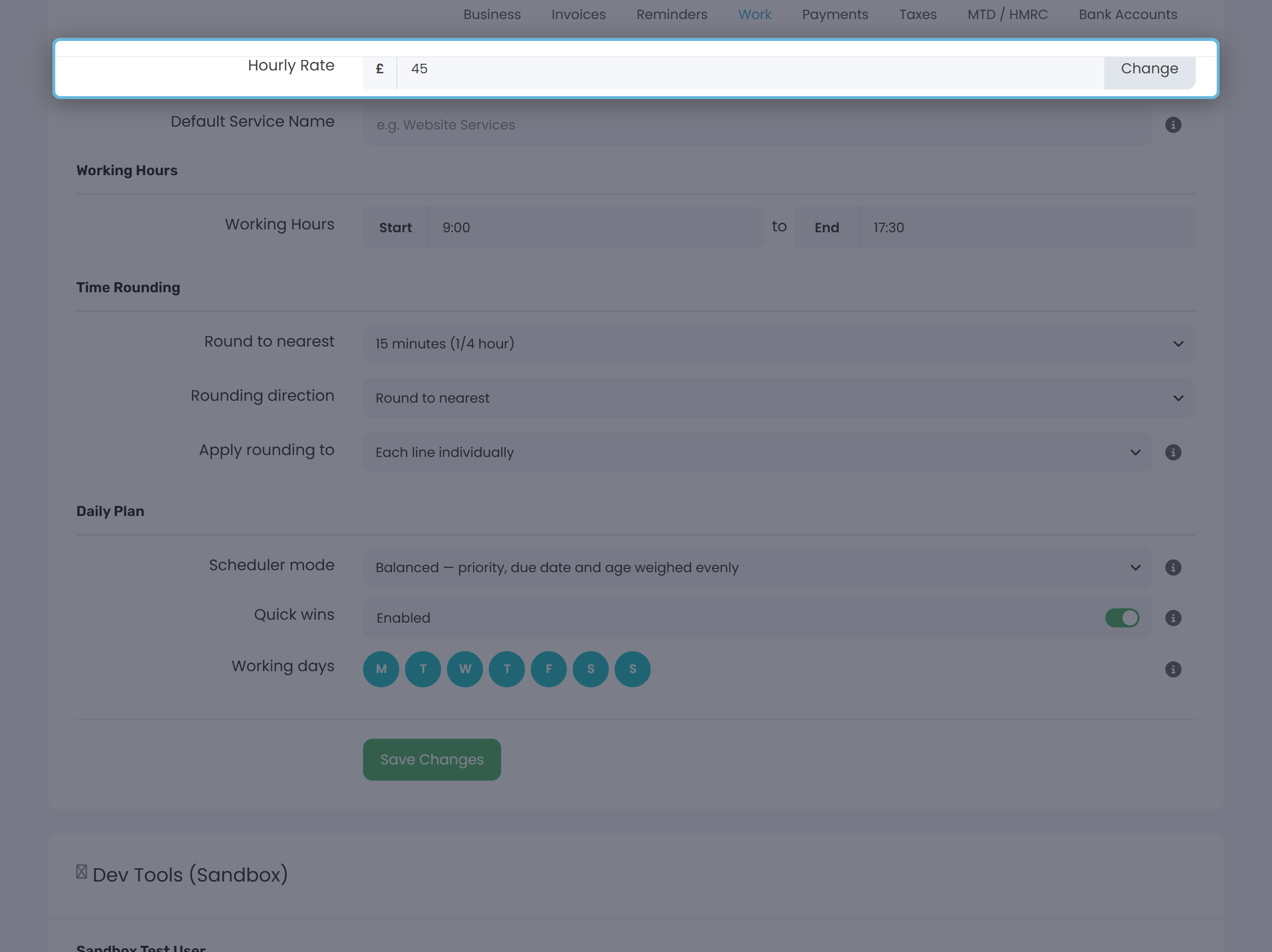 The Hourly Rate field on the Work tab of Settings, with a currency prefix, a read-only number and a Change button.