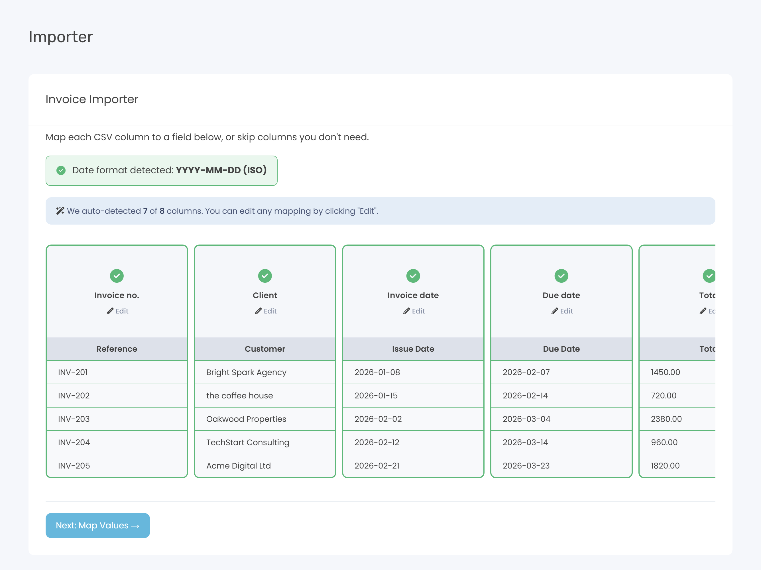 Column-mapping screen showing each CSV column with a field dropdown above it and an auto-detection banner.